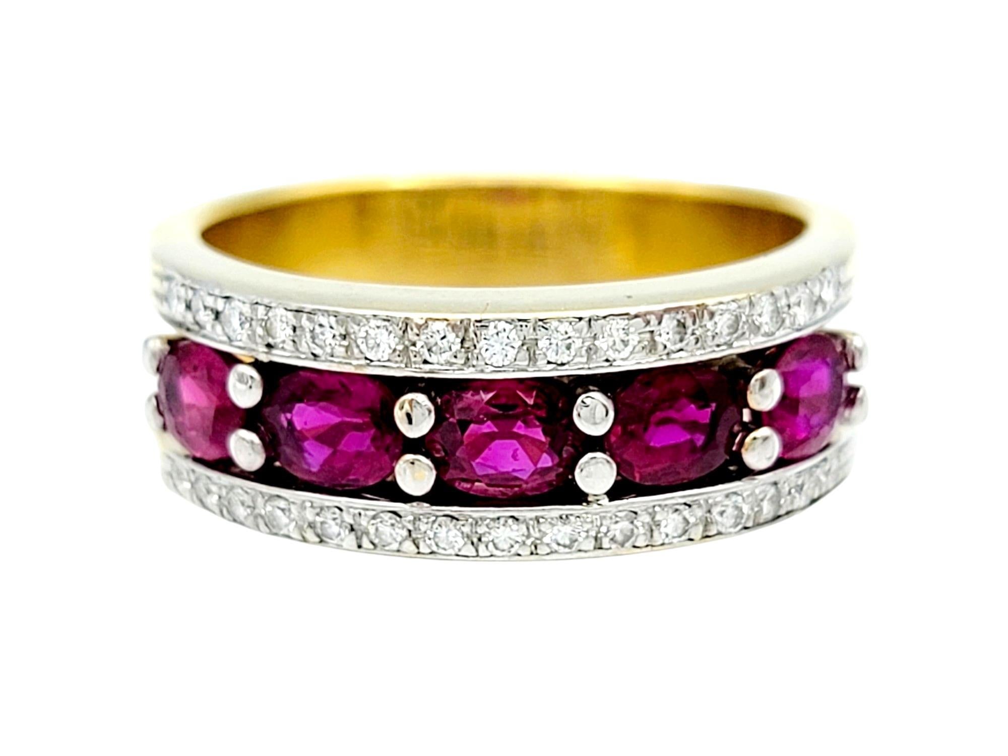 Oval Cut Oval Ruby and Pave Diamond Semi-Eternity Band Ring in 18 Karat Yellow Gold  For Sale