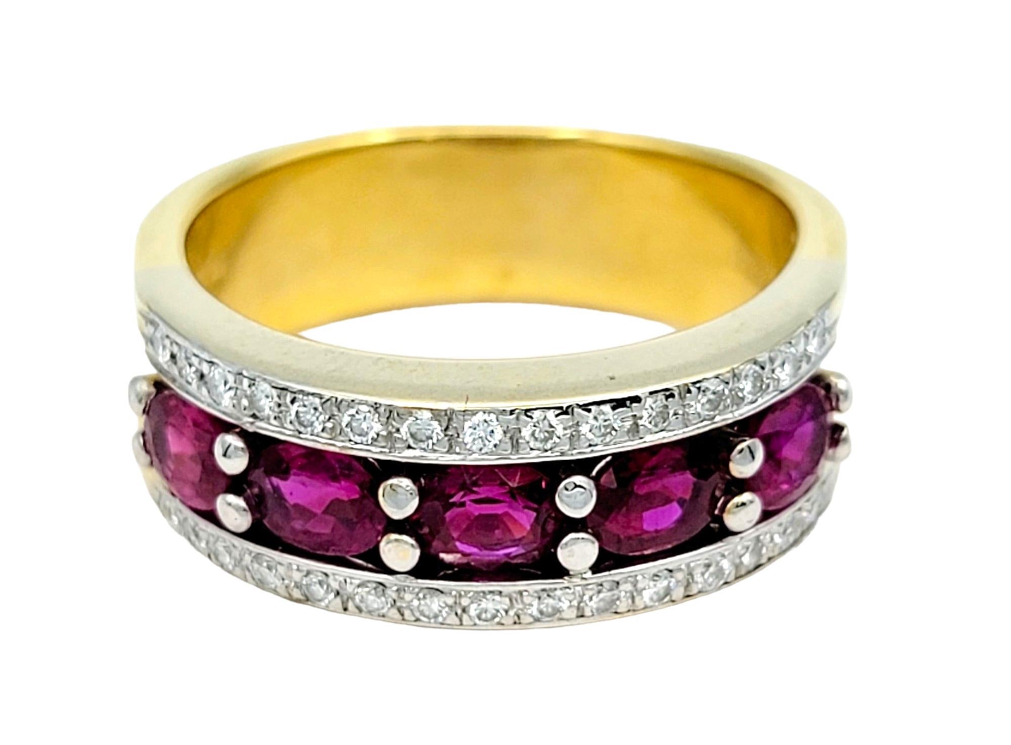 Oval Ruby and Pave Diamond Semi-Eternity Band Ring in 18 Karat Yellow Gold  In Good Condition For Sale In Scottsdale, AZ
