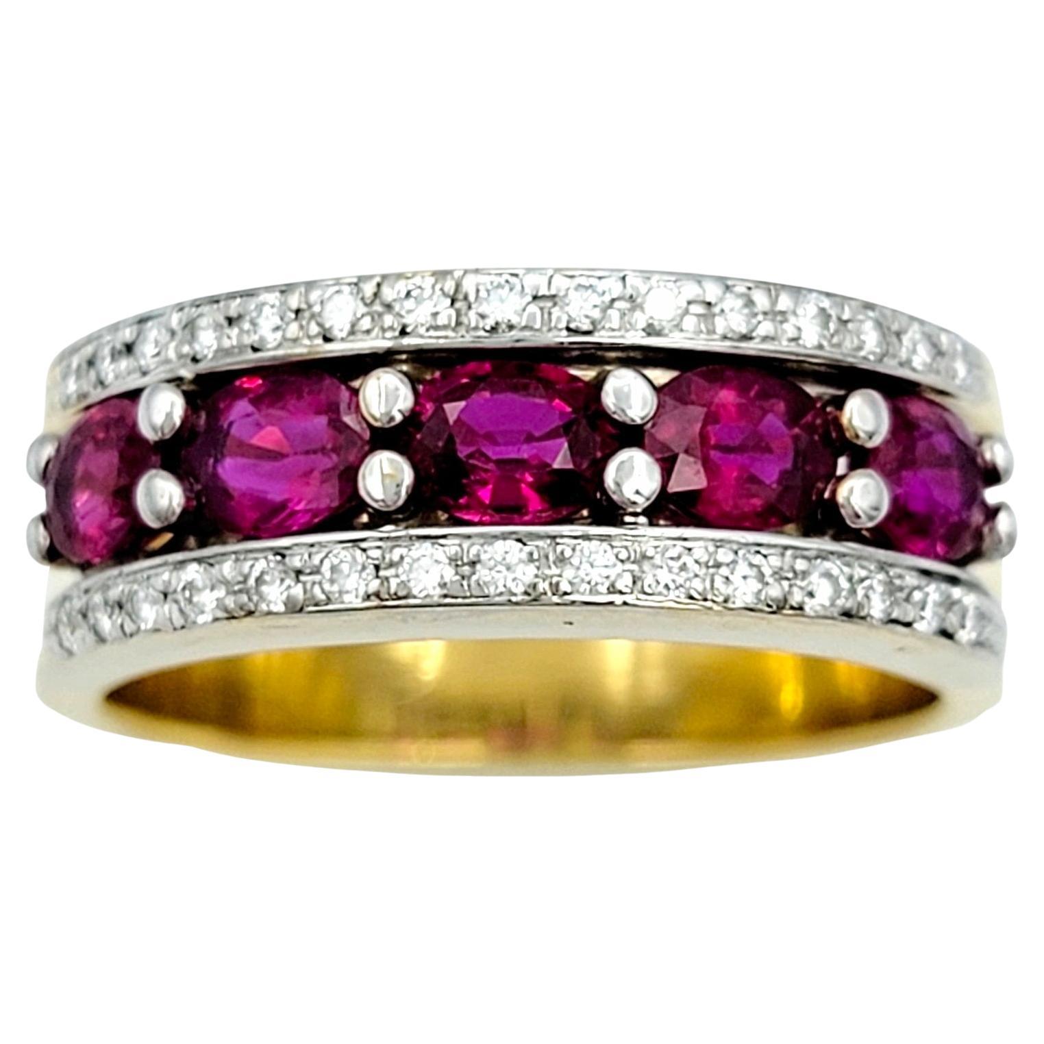 Oval Ruby and Pave Diamond Semi-Eternity Band Ring in 18 Karat Yellow Gold  For Sale