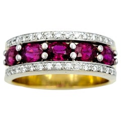 Oval Ruby and Pave Diamond Semi-Eternity Band Ring in 18 Karat Yellow Gold 