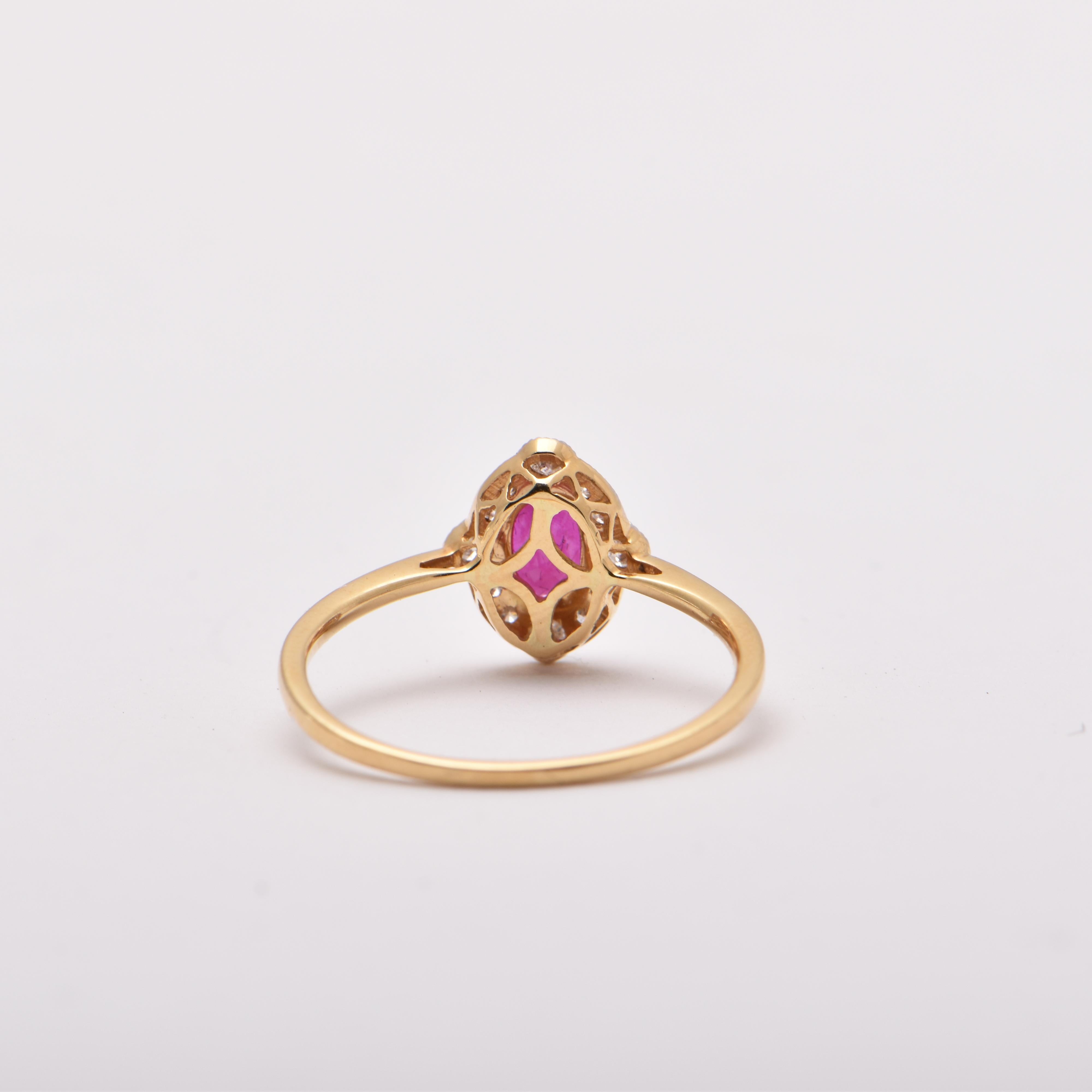 Oval Ruby and Round Diamond Halo Ring in 18 Carat Yellow Gold In New Condition For Sale In Sydney, AU