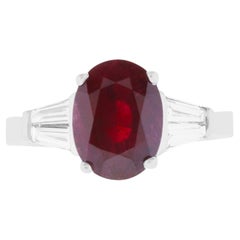 Oval Ruby Baguette Diamond Side Stone Cocktail Engagement Ring 18k White Gold