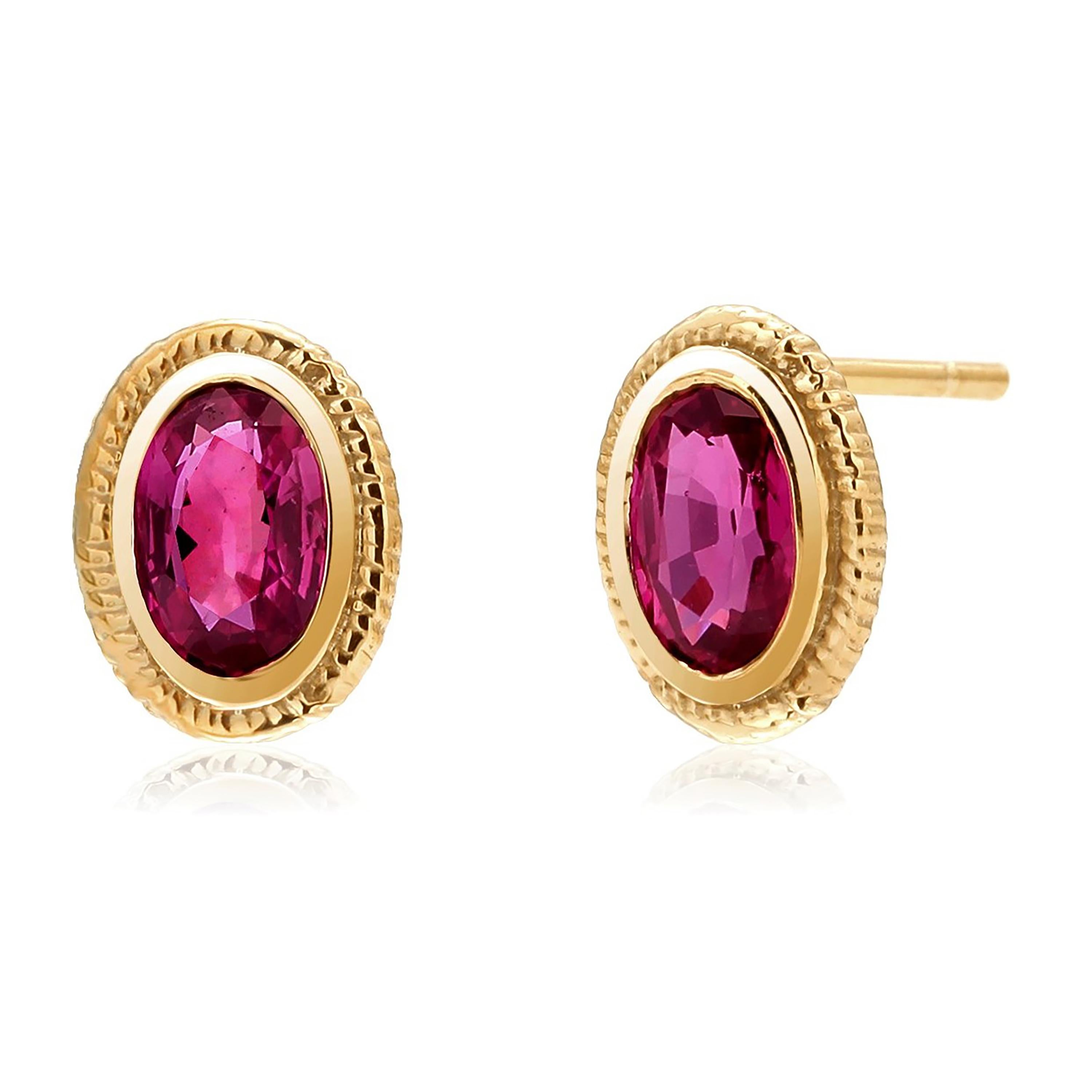 Contemporary Oval Ruby Bezel Set Yellow Gold Twisted Design Stud Earrings
