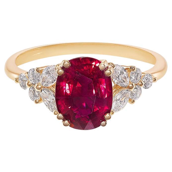 Bague de fiançailles unique en rubis de Birmanie ovale certifié GRS et diamant marquise