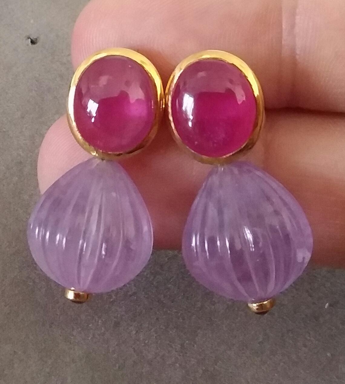 Oval Ruby Cabochons Yellow Gold Bezel Carved Amethyst Round Drops Stud Earrings For Sale 4