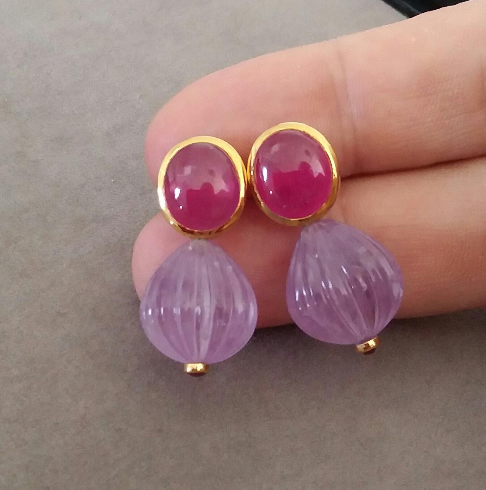 Oval Ruby Cabochons Yellow Gold Bezel Carved Amethyst Round Drops Stud Earrings For Sale 5