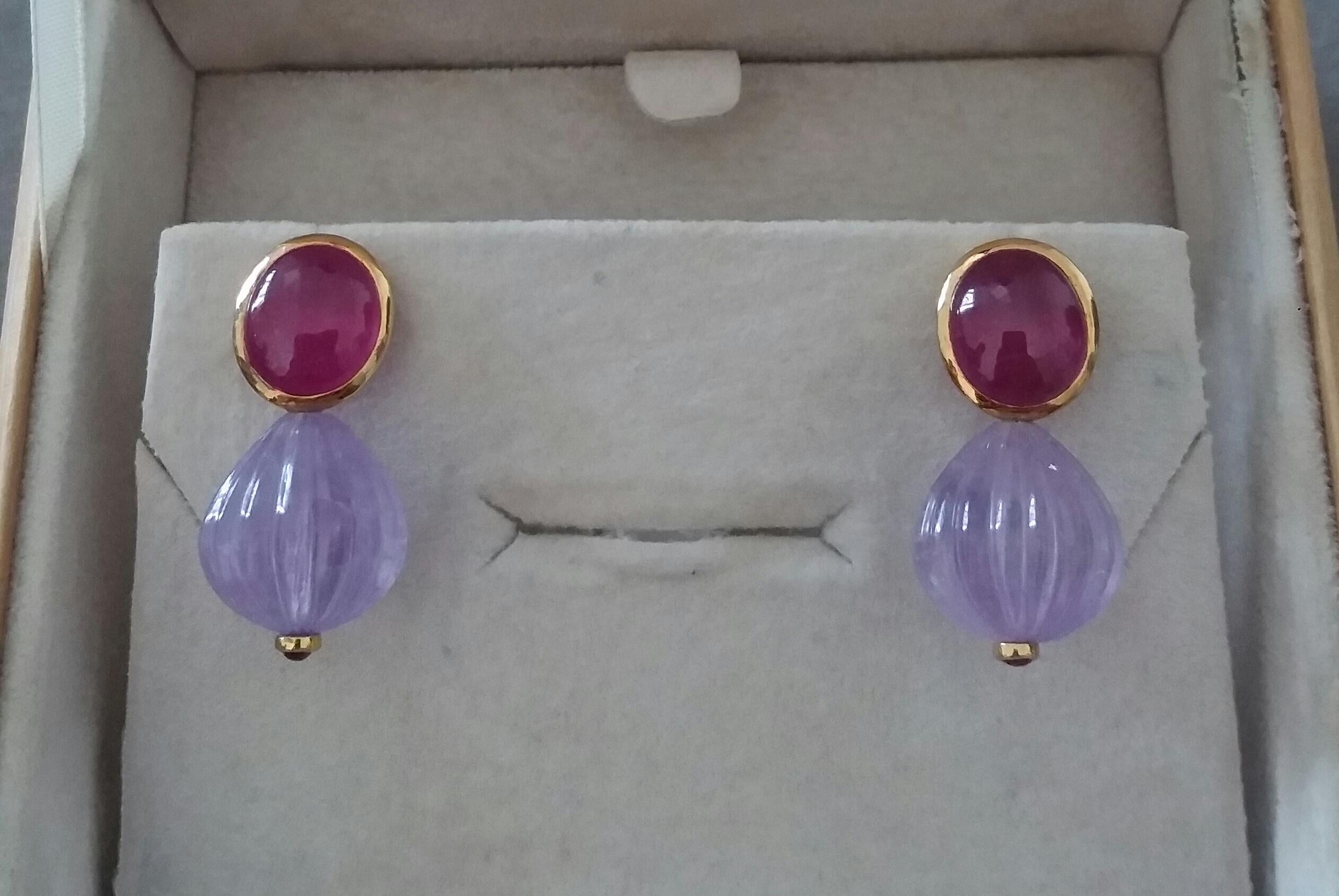 Oval Ruby Cabochons Yellow Gold Bezel Carved Amethyst Round Drops Stud Earrings For Sale 6