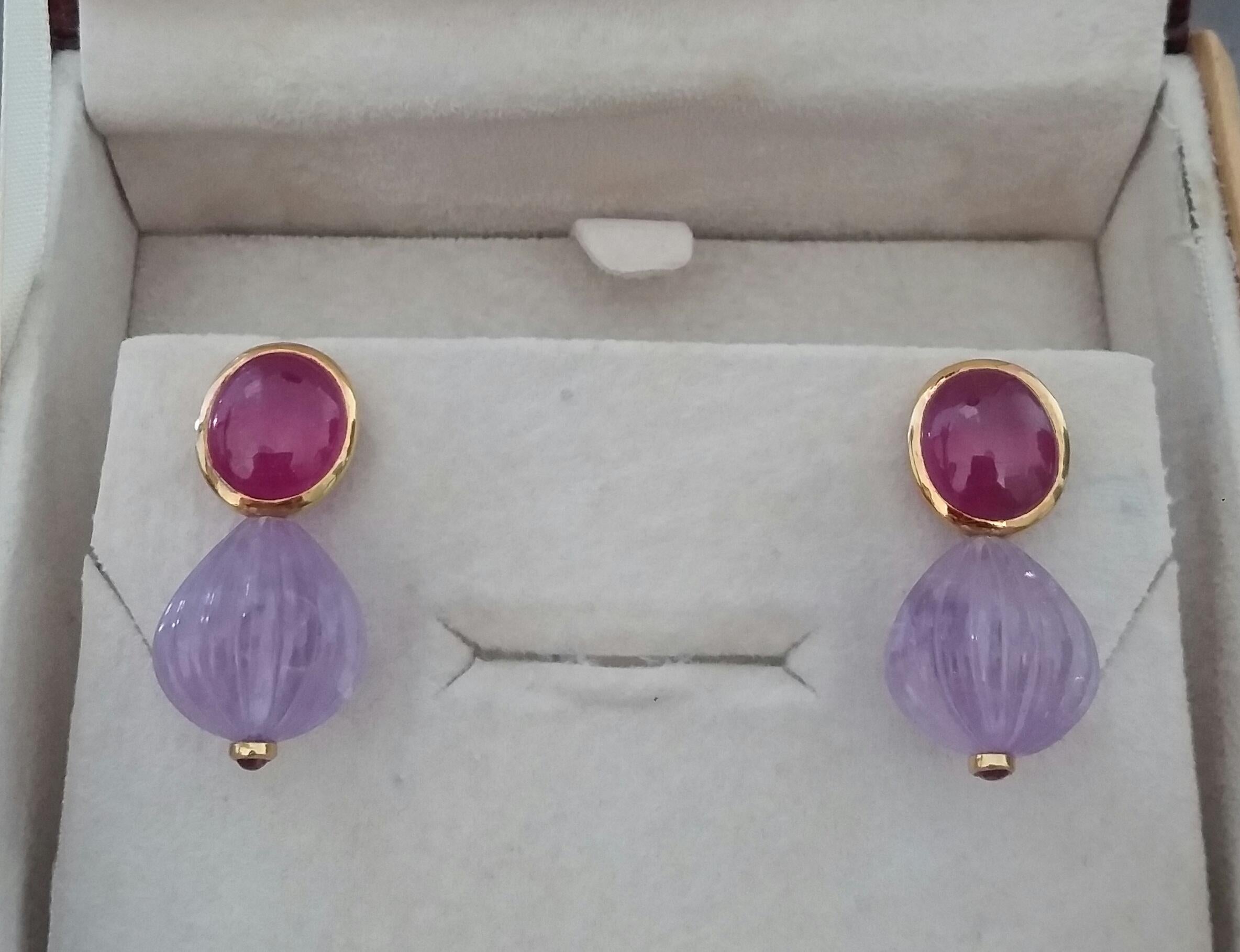 Oval Ruby Cabochons Yellow Gold Bezel Carved Amethyst Round Drops Stud Earrings For Sale 7