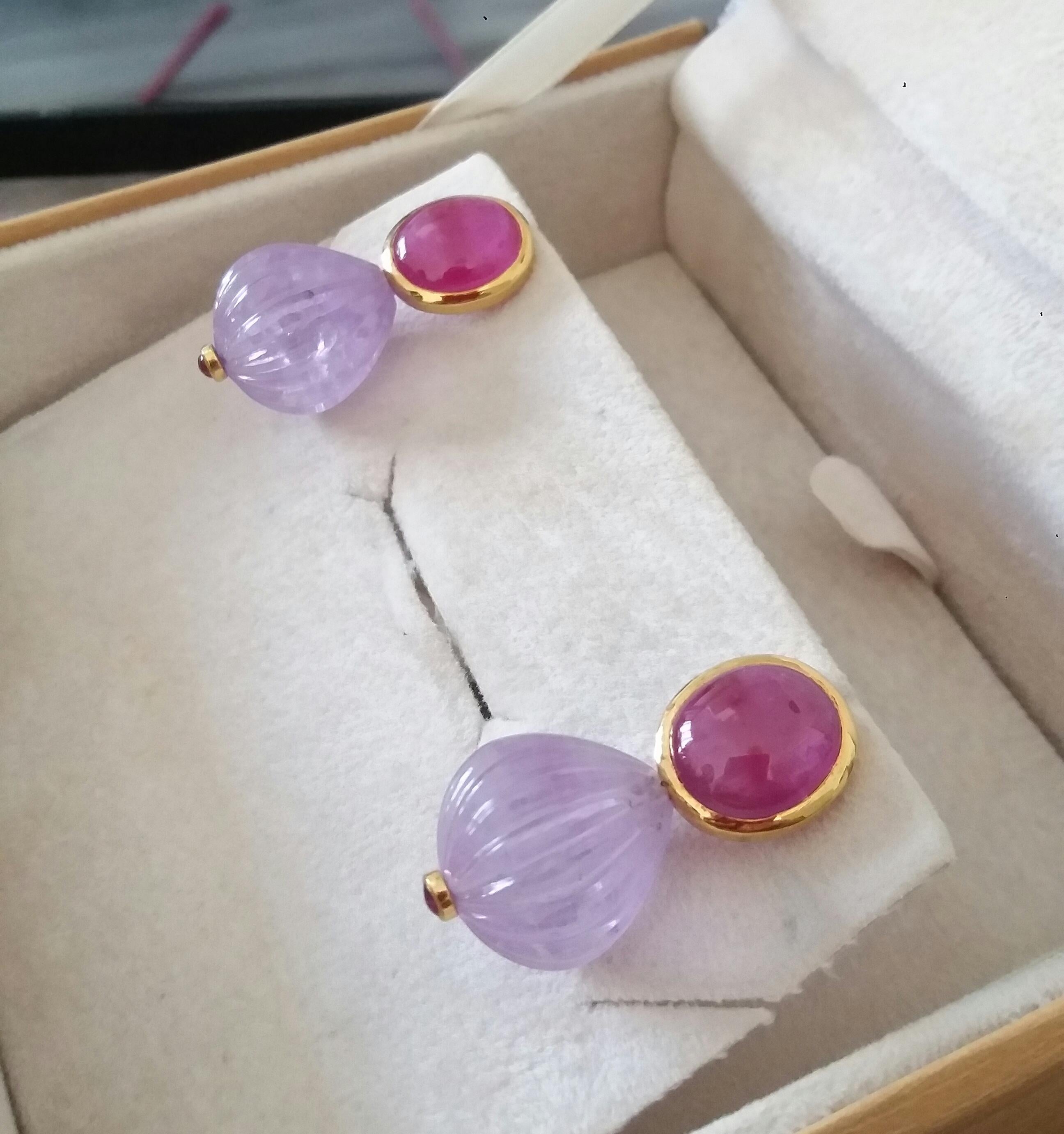 Oval Ruby Cabochons Yellow Gold Bezel Carved Amethyst Round Drops Stud Earrings For Sale 8
