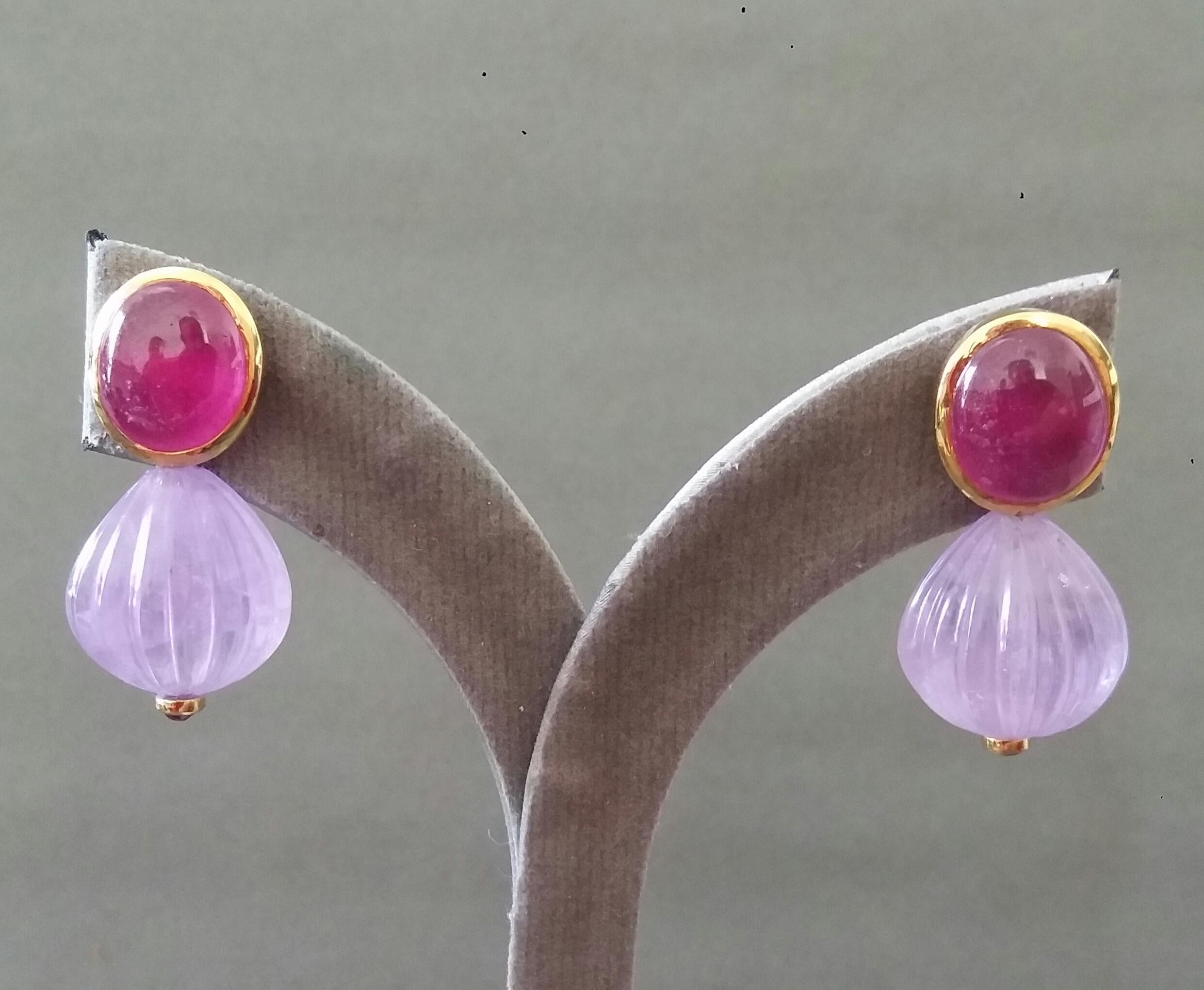Oval Ruby Cabochons Yellow Gold Bezel Carved Amethyst Round Drops Stud Earrings For Sale 9
