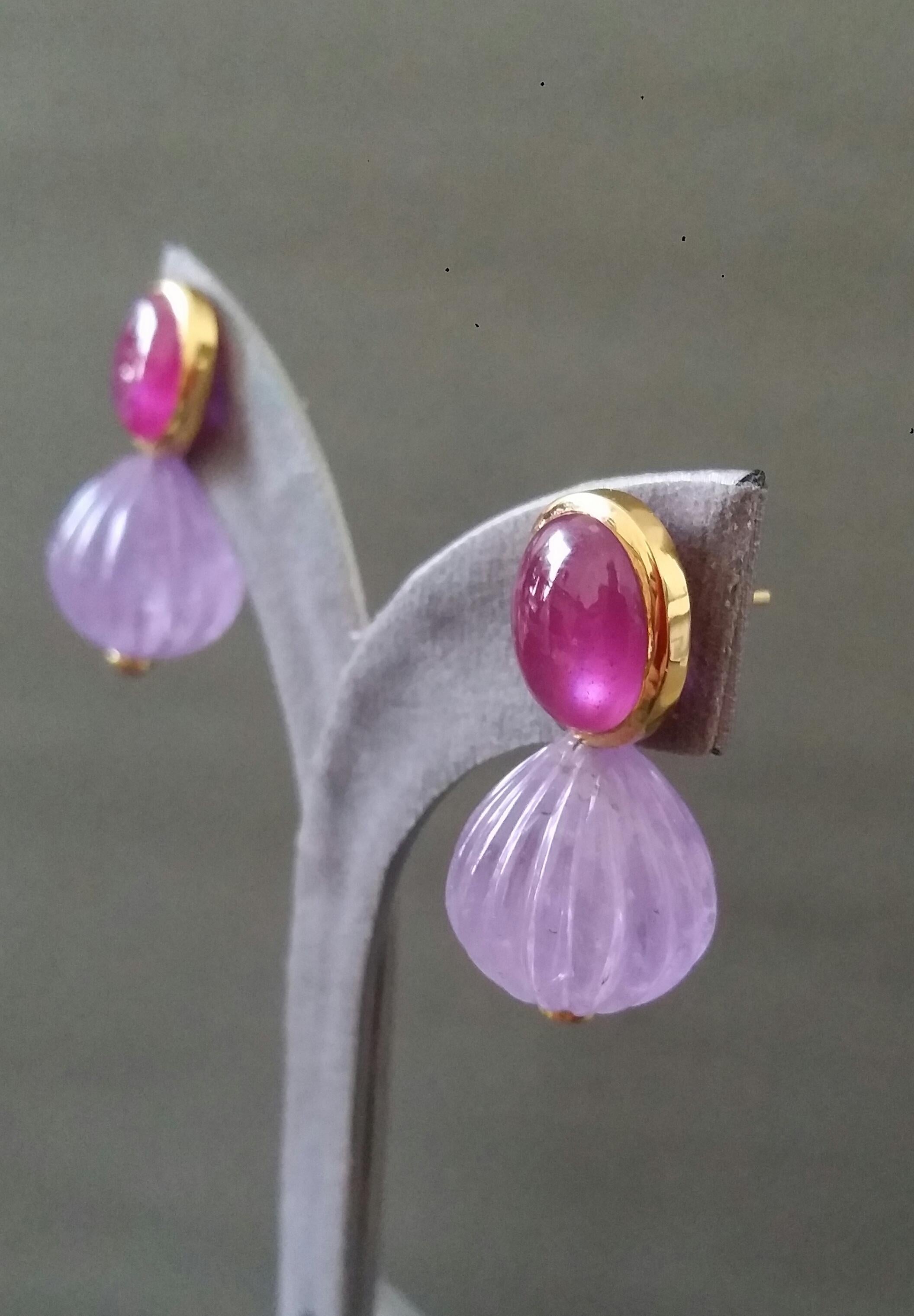 Oval Ruby Cabochons Yellow Gold Bezel Carved Amethyst Round Drops Stud Earrings For Sale 10