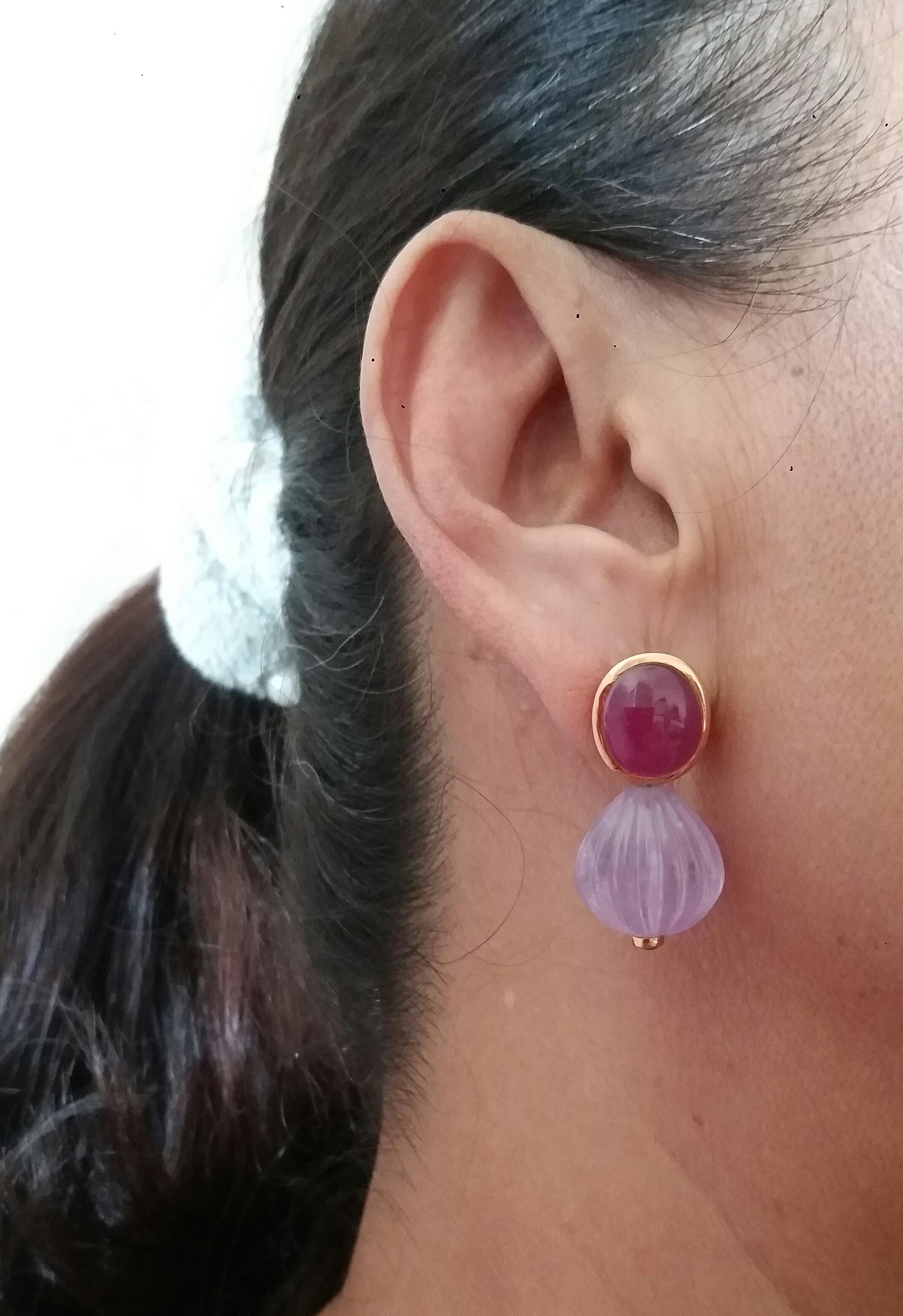 Oval Ruby Cabochons Yellow Gold Bezel Carved Amethyst Round Drops Stud Earrings For Sale 12
