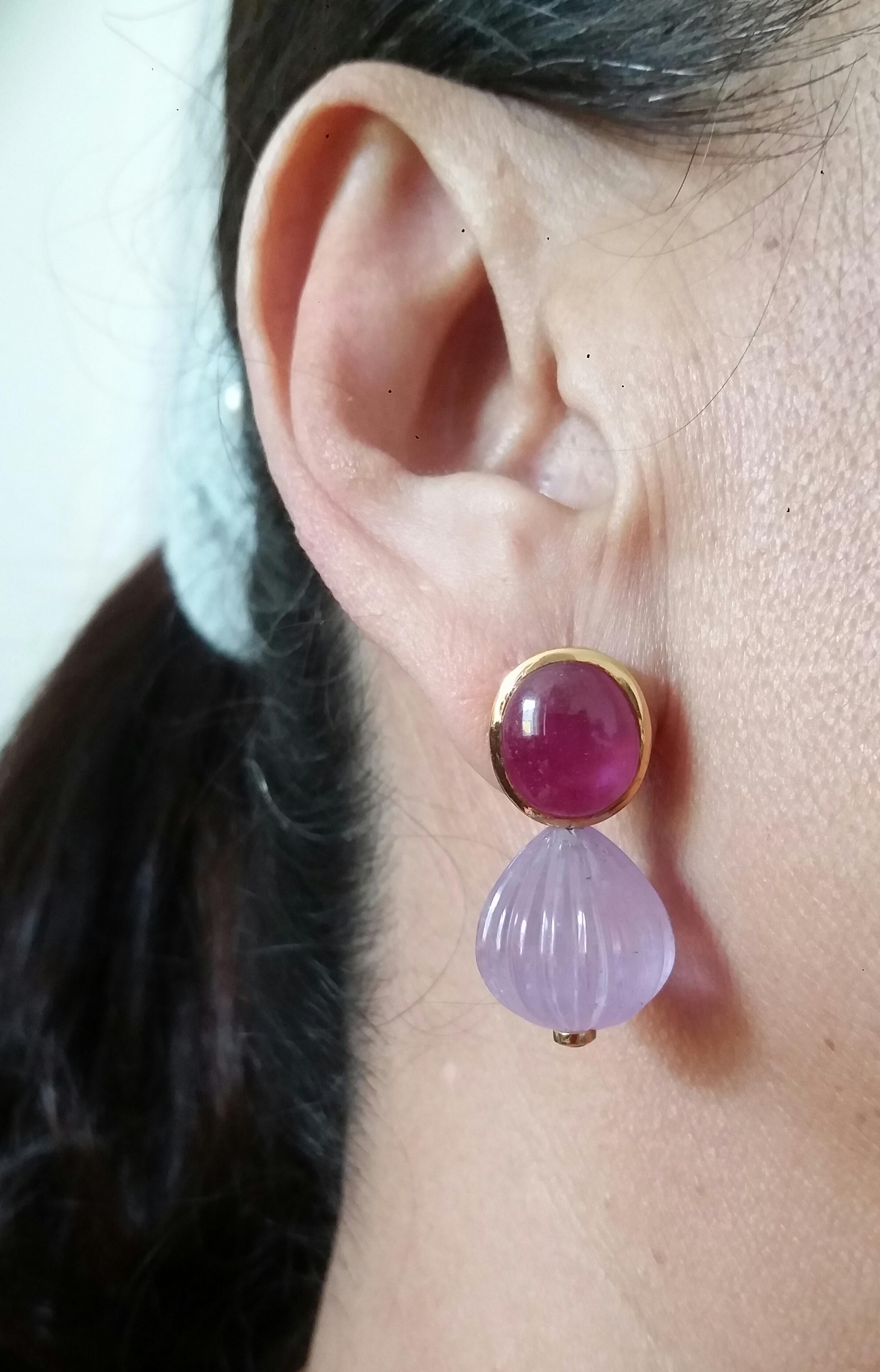 Oval Ruby Cabochons Yellow Gold Bezel Carved Amethyst Round Drops Stud Earrings For Sale 13