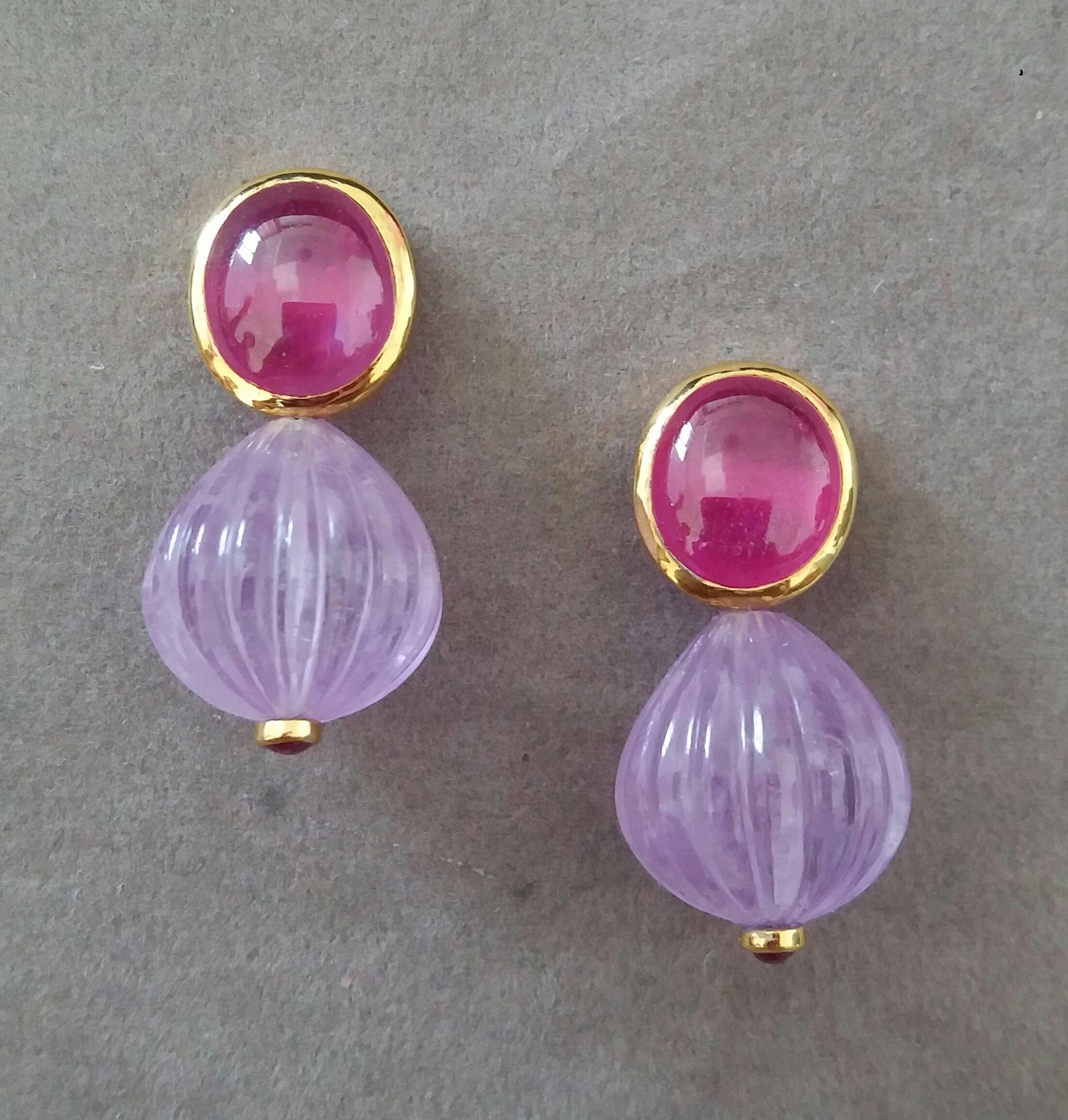 Contemporary Oval Ruby Cabochons Yellow Gold Bezel Carved Amethyst Round Drops Stud Earrings For Sale