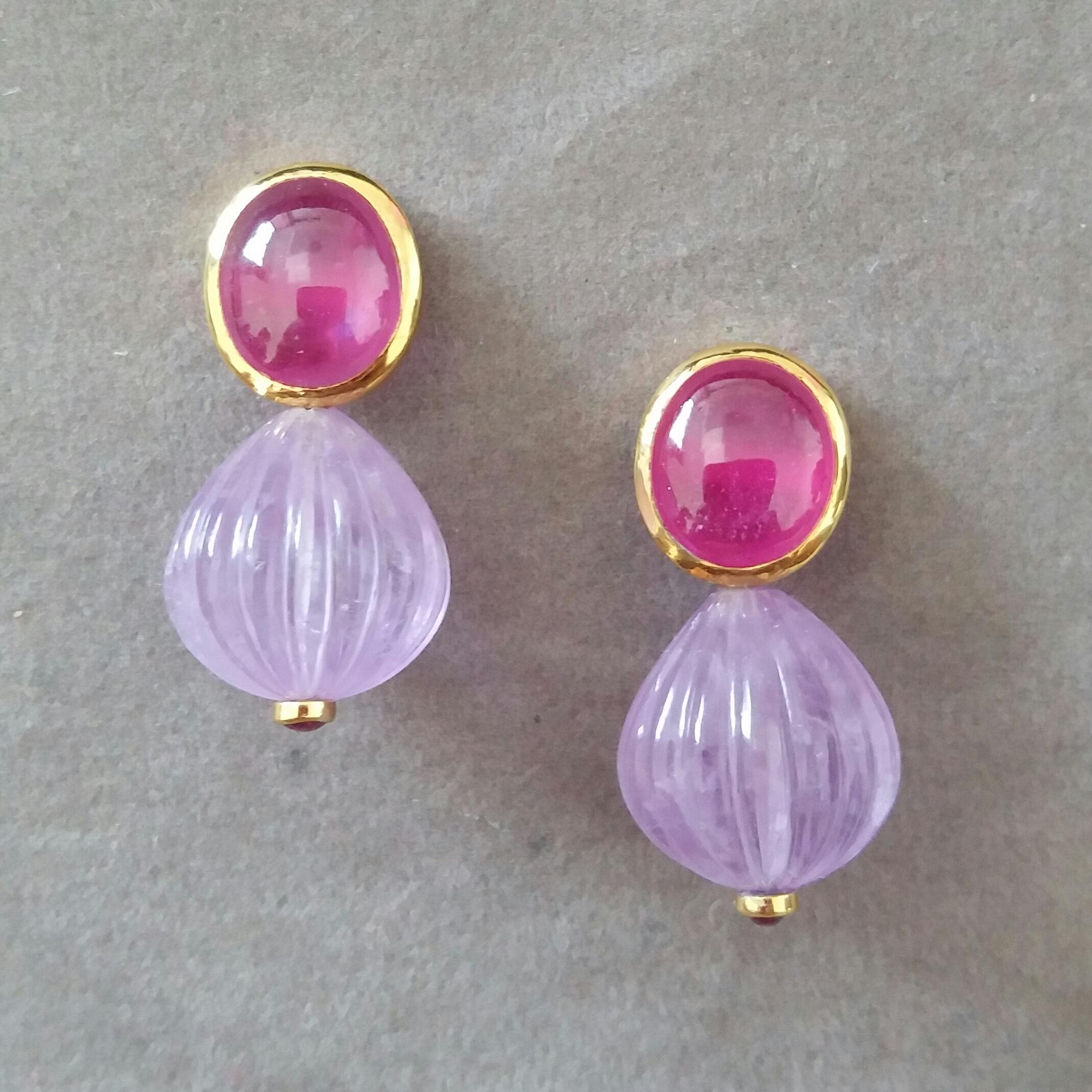 Mixed Cut Oval Ruby Cabochons Yellow Gold Bezel Carved Amethyst Round Drops Stud Earrings