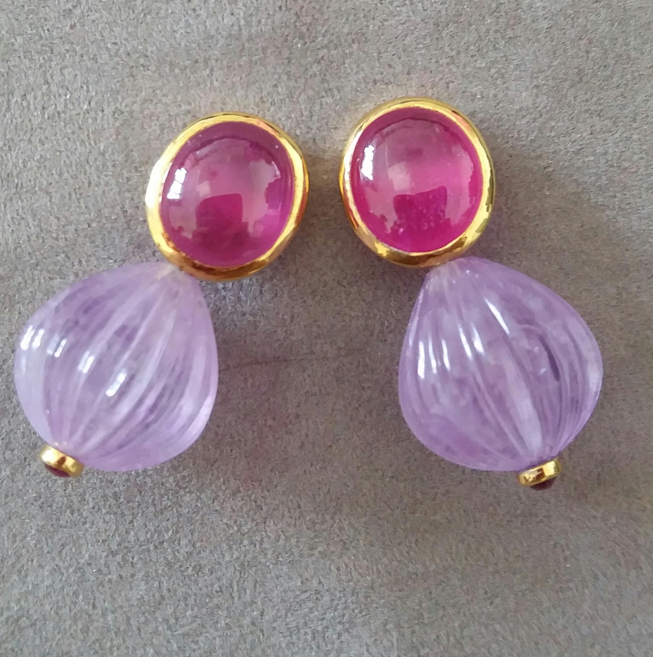 Women's Oval Ruby Cabochons Yellow Gold Bezel Carved Amethyst Round Drops Stud Earrings