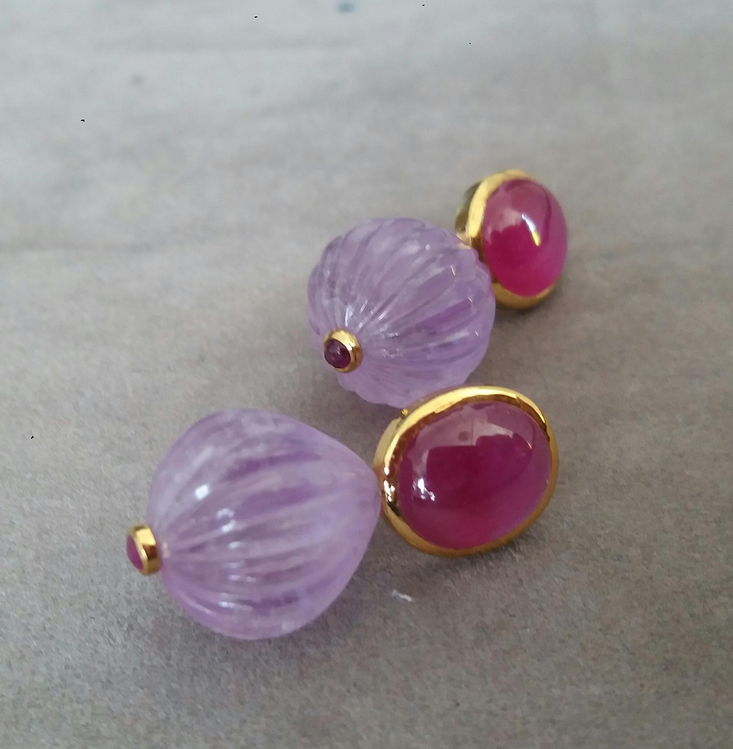 Oval Ruby Cabochons Yellow Gold Bezel Carved Amethyst Round Drops Stud Earrings For Sale 2