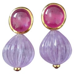Oval Ruby Cabochons Yellow Gold Bezel Carved Amethyst Round Drops Stud Earrings Oval Ruby Cabochons Yellow Gold Bezel Carved Amethyst Round Drops Stud Earrings
