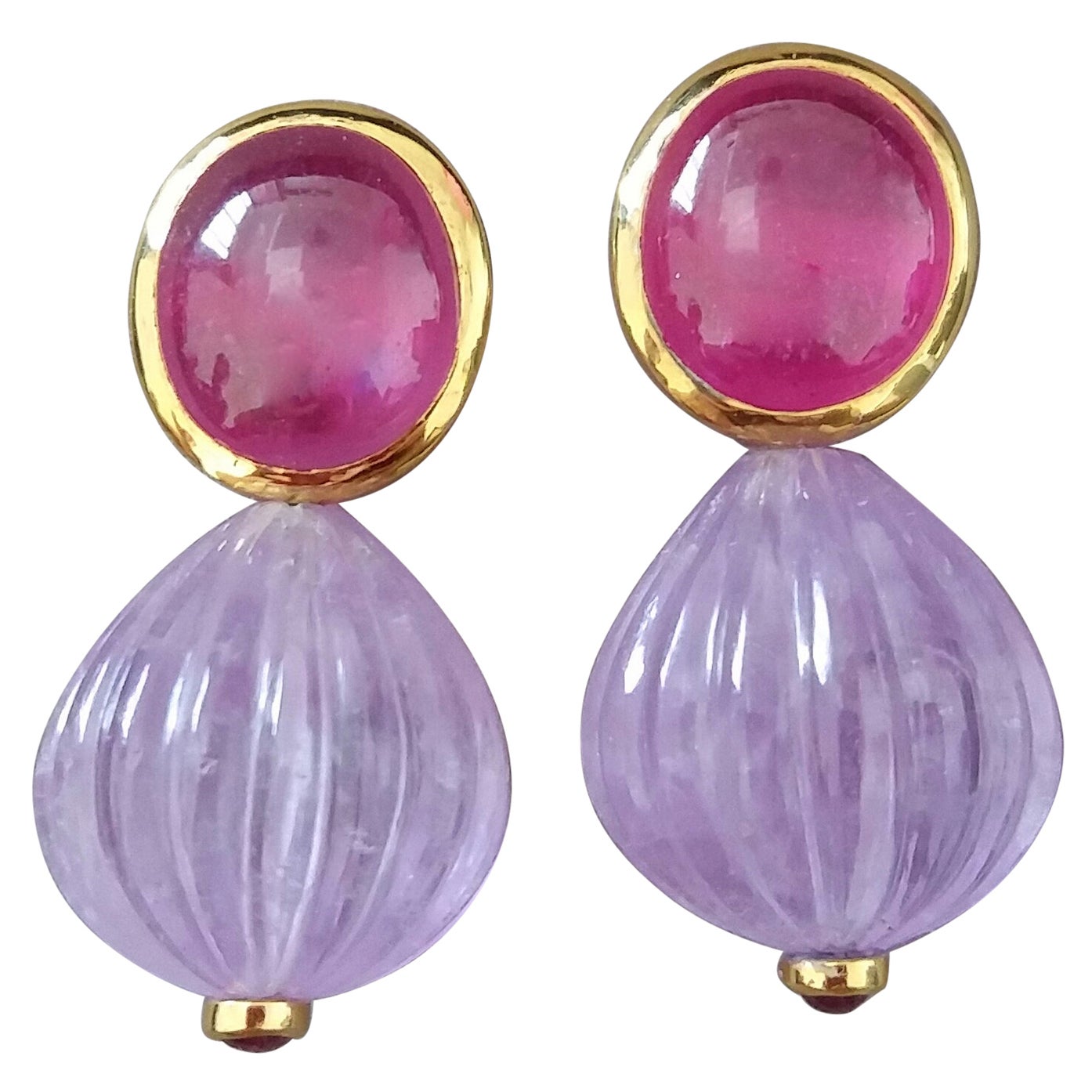Oval Ruby Cabochons Yellow Gold Bezel Carved Amethyst Round Drops Stud Earrings