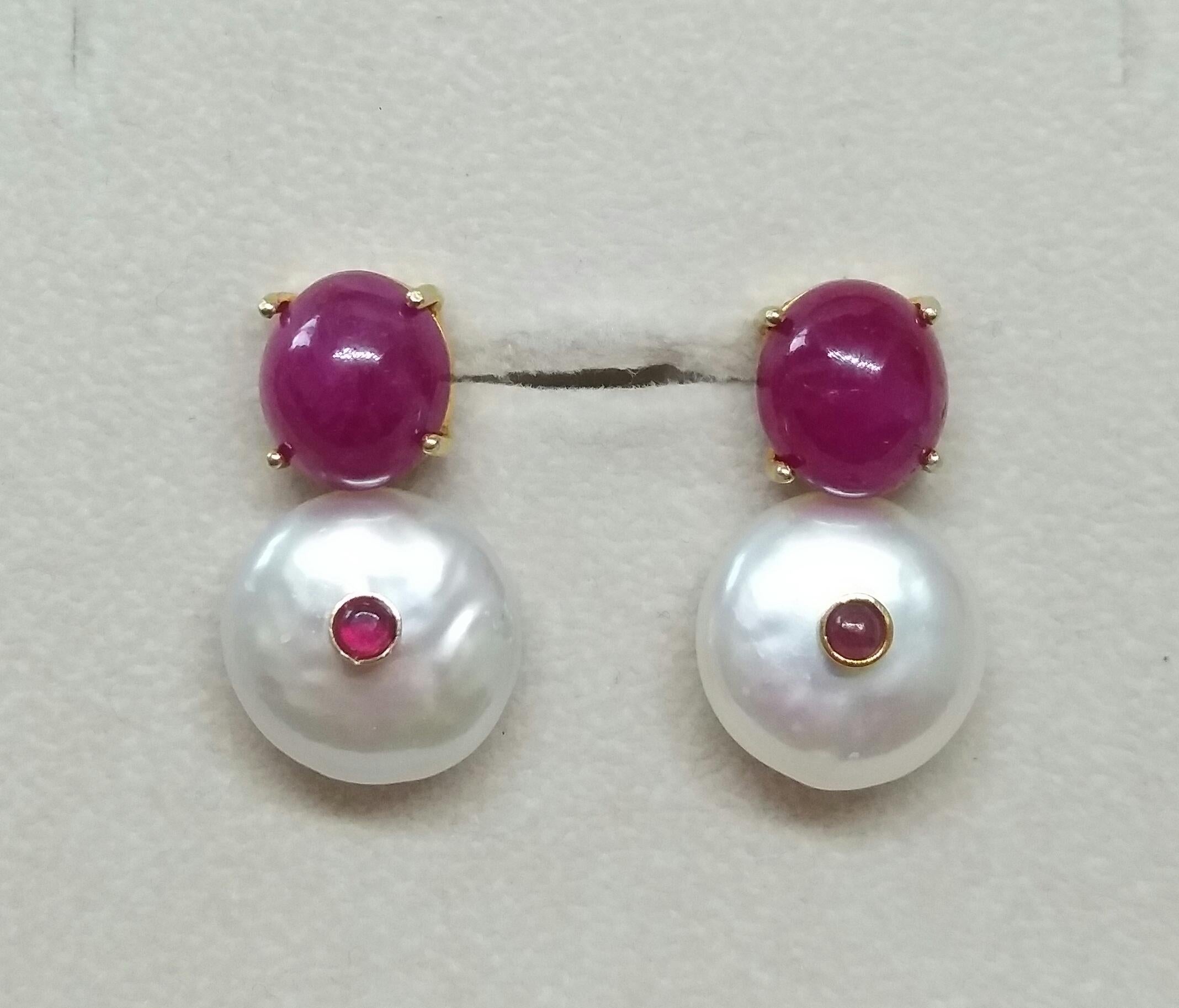 Oval Ruby Cabs Flat Baroque Pearls 14 Karat Yellow Gold Stud Earrings For Sale 1