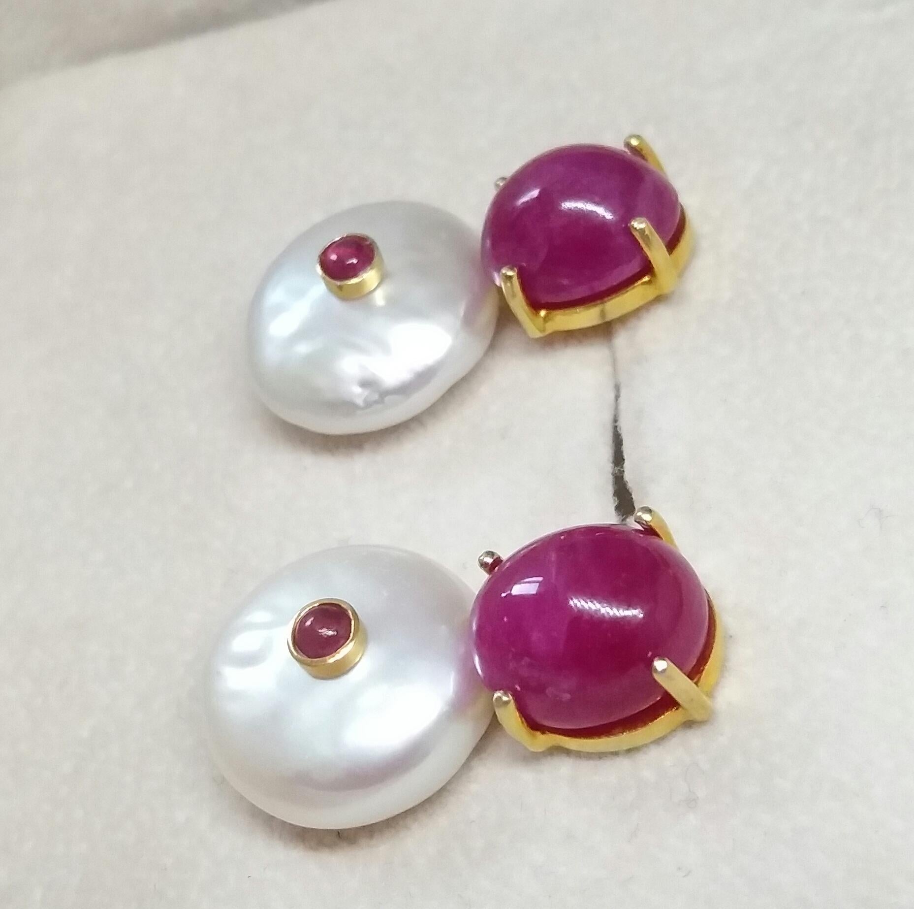Oval Ruby Cabs Flat Baroque Pearls 14 Karat Yellow Gold Stud Earrings For Sale 2