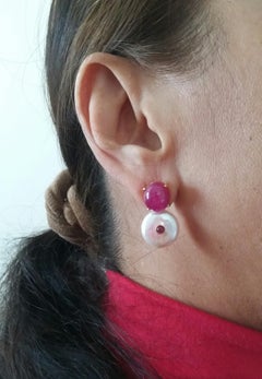 Oval Ruby Cabs Flat Baroque Pearls 14 Karat Yellow Gold Stud Earrings