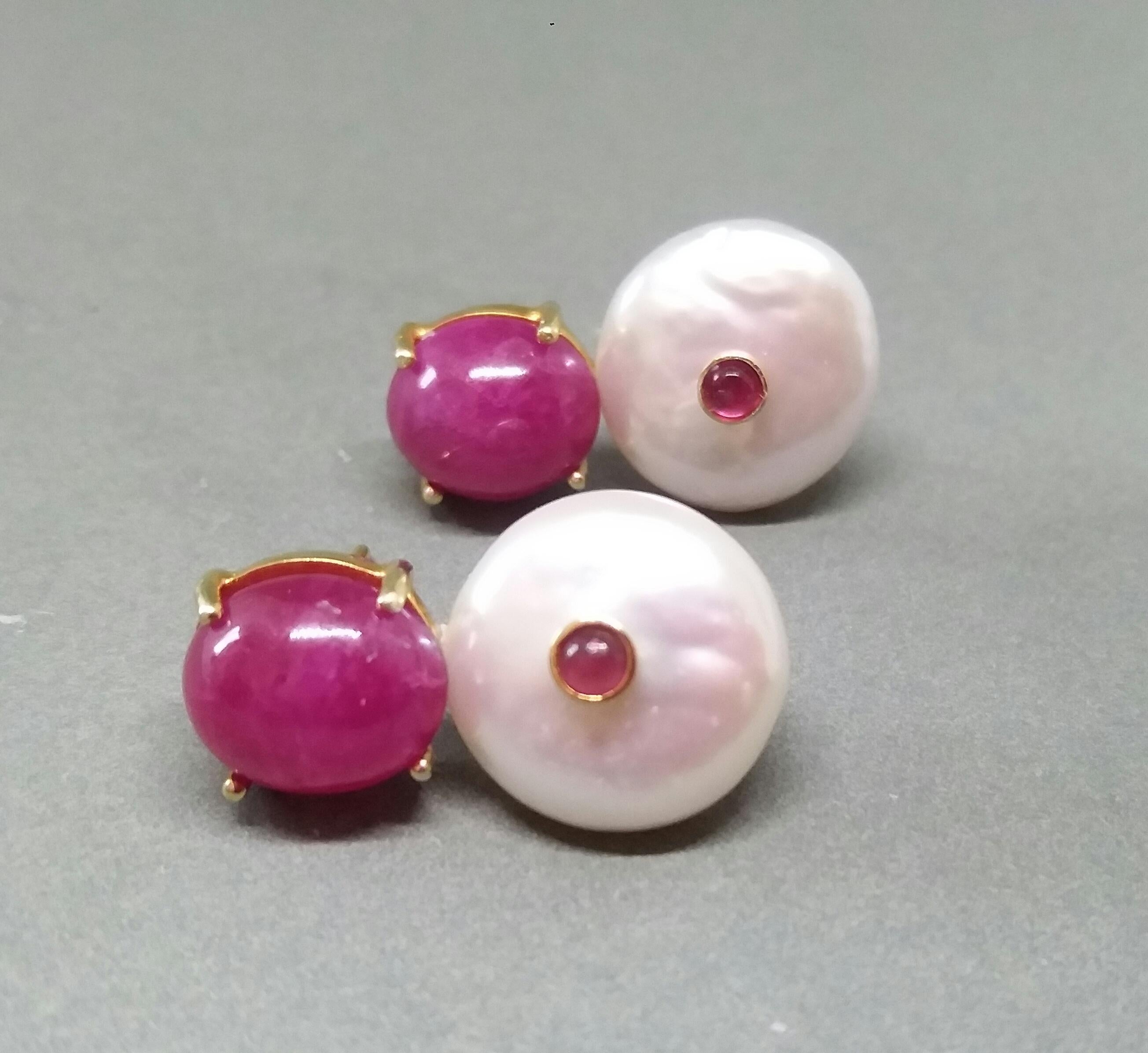 Contemporary Oval Ruby Cabs Flat Baroque Pearls 14 Karat Yellow Gold Stud Earrings For Sale