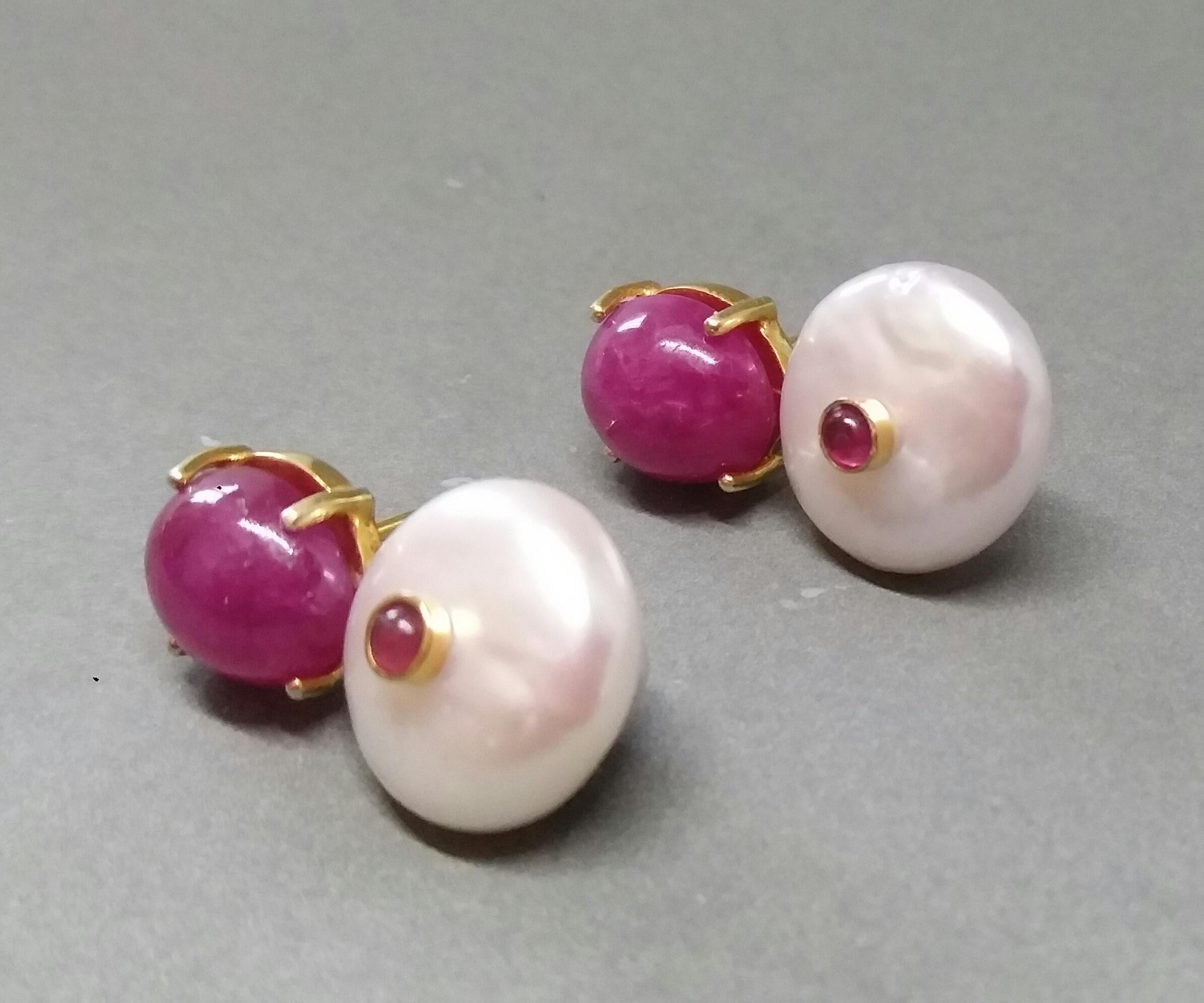 Oval Cut Oval Ruby Cabs Flat Baroque Pearls 14 Karat Yellow Gold Stud Earrings For Sale