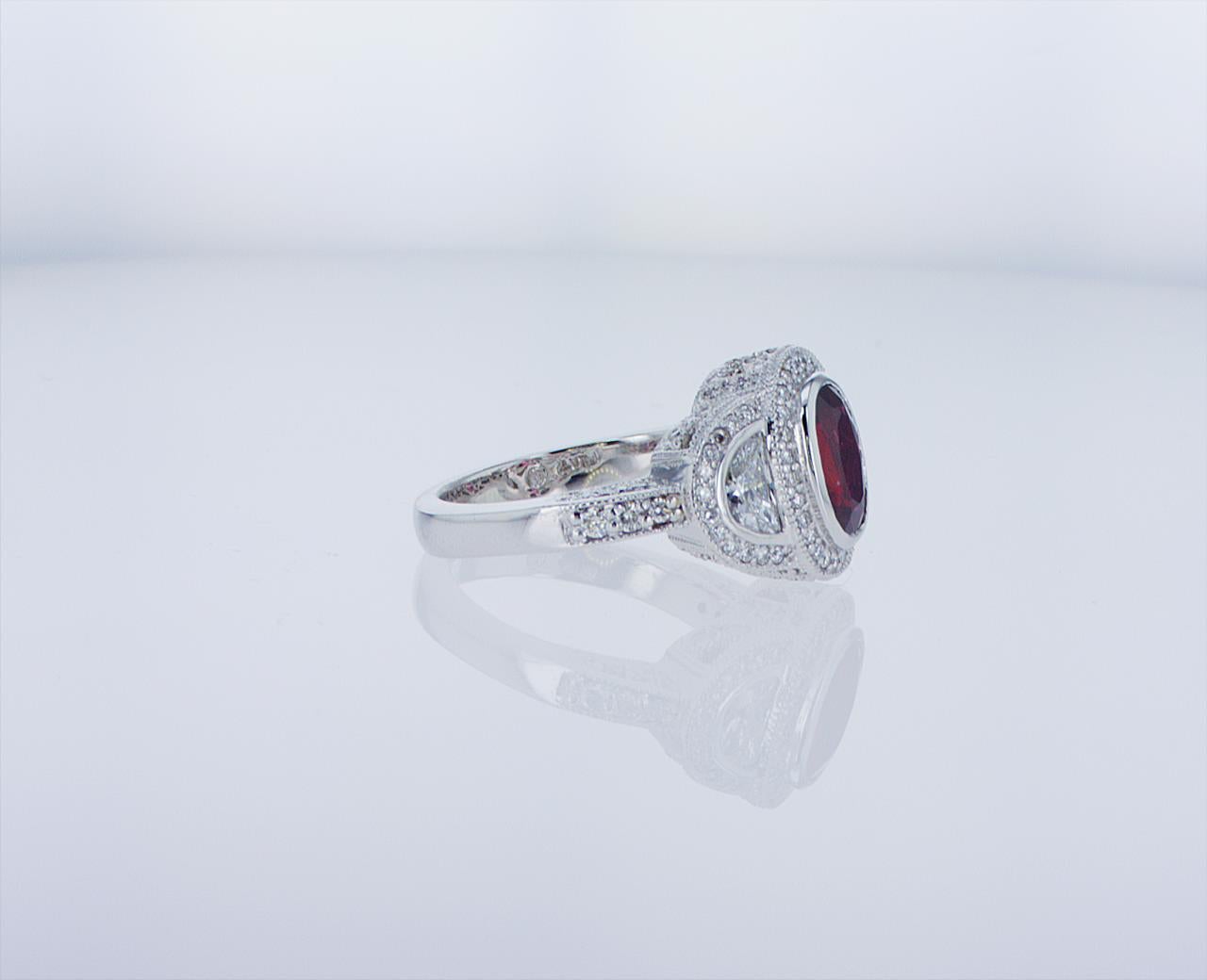 Oval Ruby Cocktail Ring with Half Moon Diamond Accents For Sale 7
