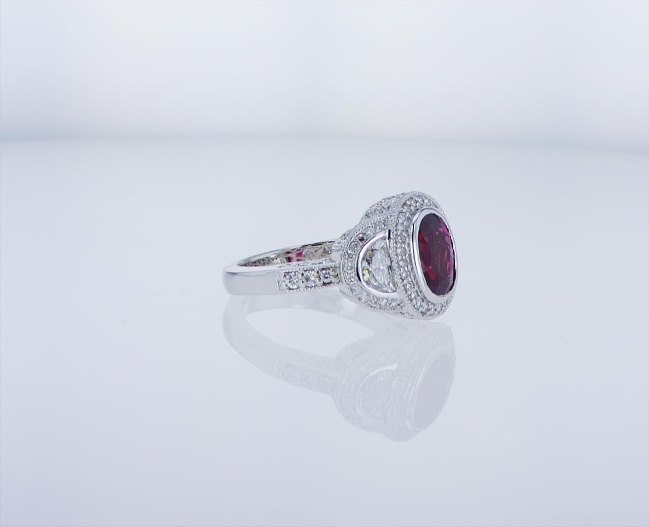 Oval Ruby Cocktail Ring with Half Moon Diamond Accents For Sale 8