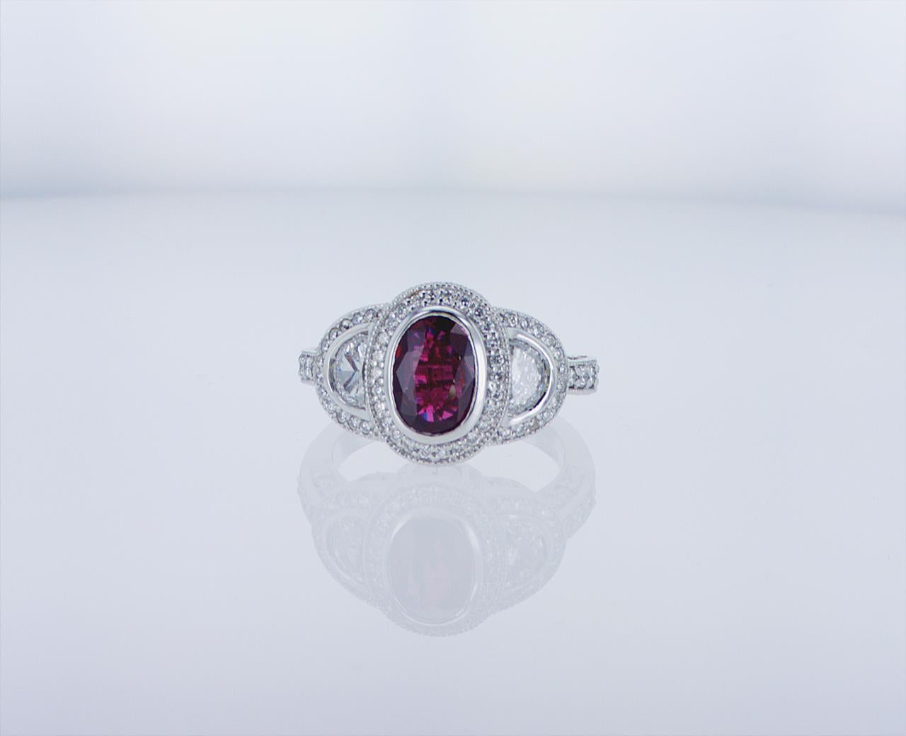 Oval Ruby Cocktail Ring with Half Moon Diamond Accents For Sale