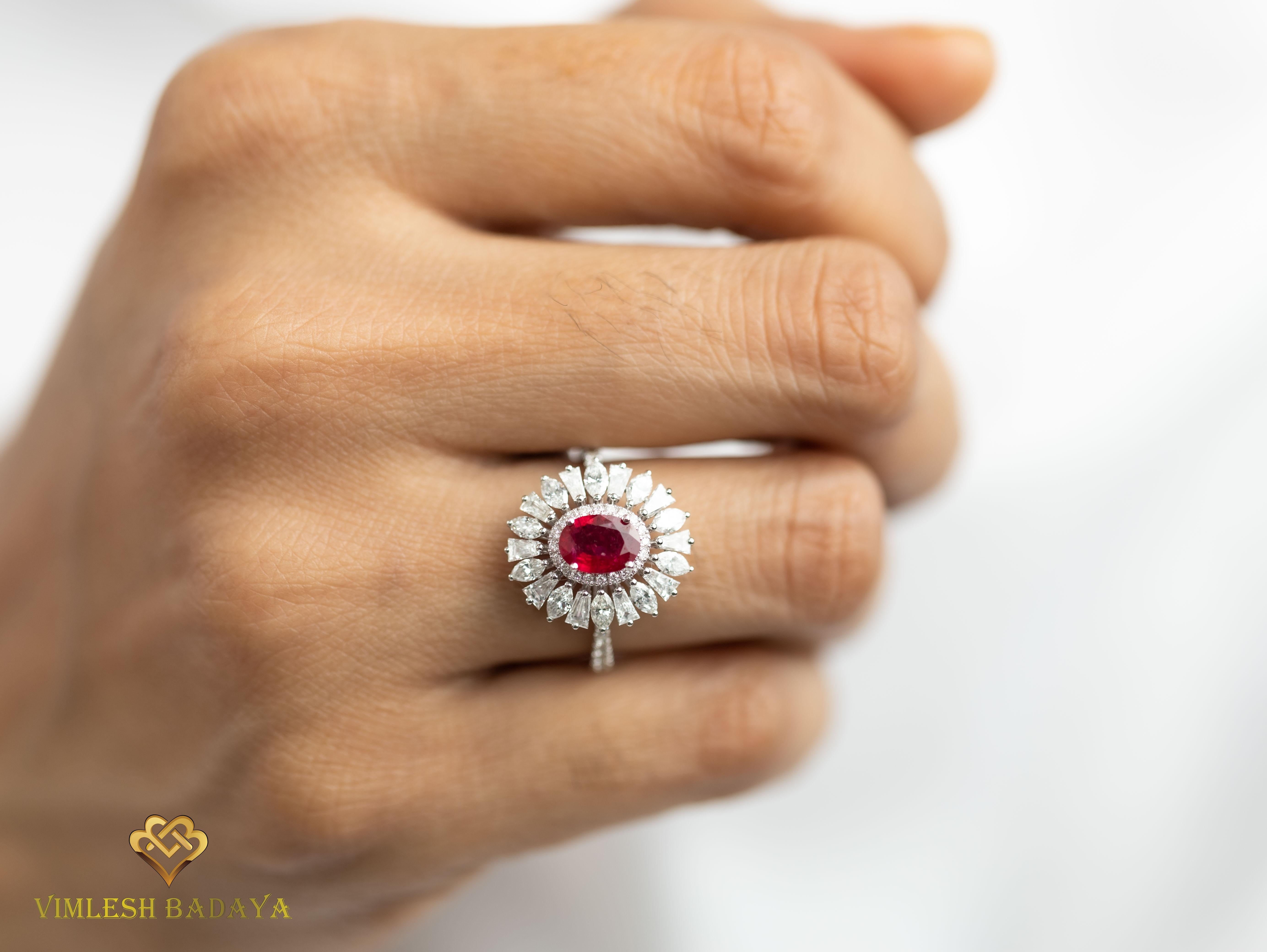 Oval Ruby Diamond Baguette Marquise Cut Double Halo Engagement Ring, 1.4tcw In New Condition For Sale In Jaipur, RJ
