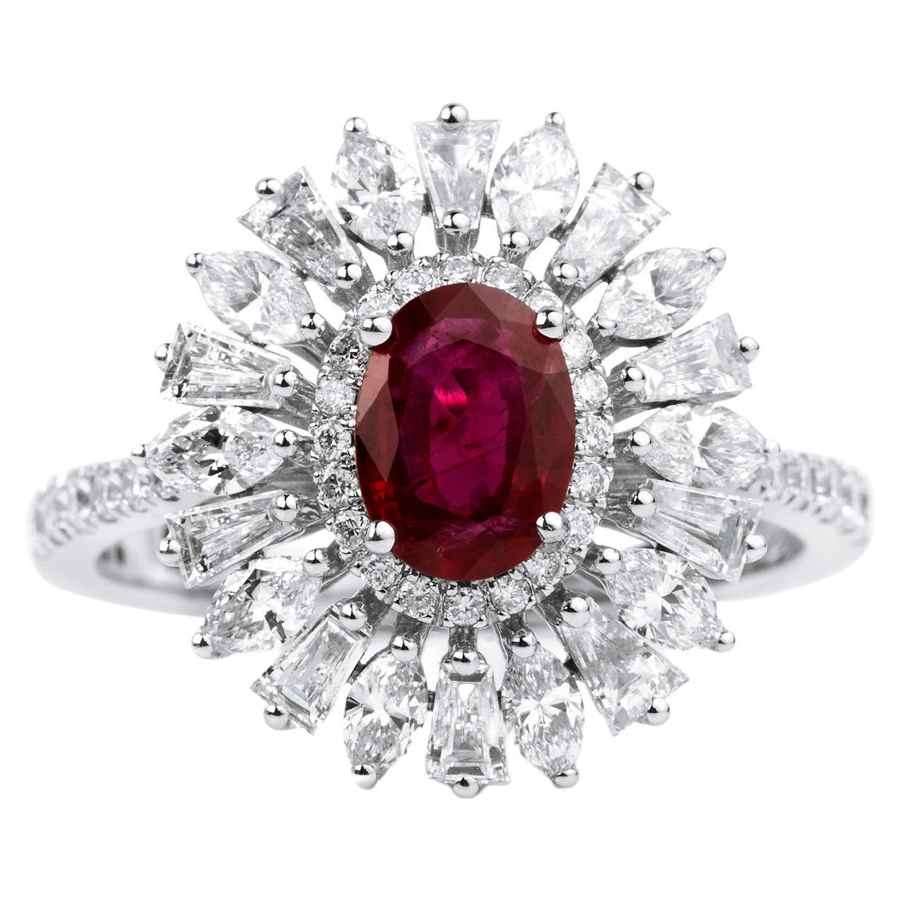 Oval Ruby Diamond Baguette Marquise Cut Double Halo Engagement Ring, 1.4tcw For Sale