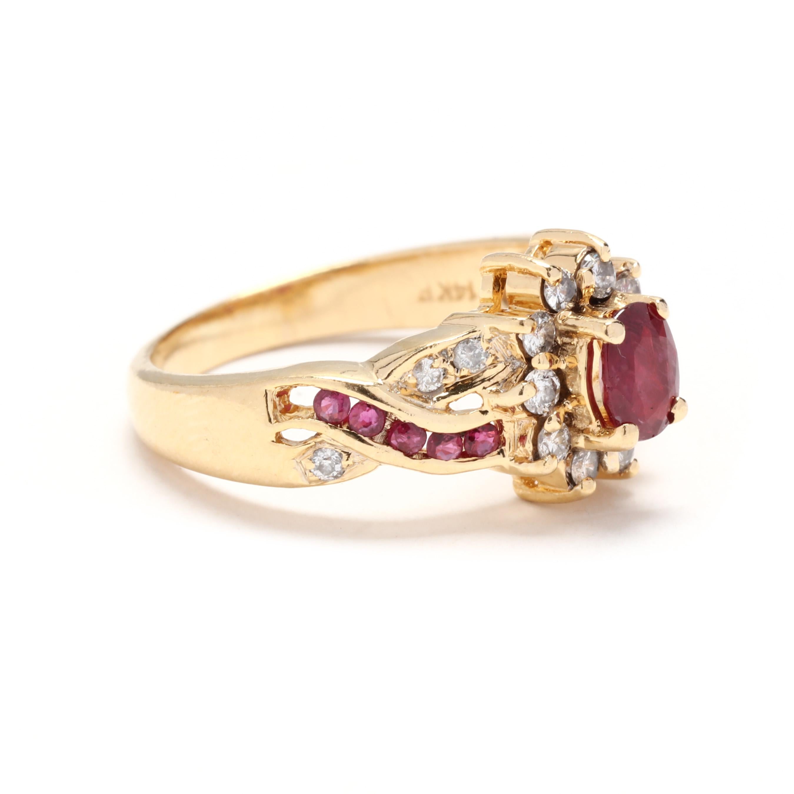 A vintage 14 karat yellow gold oval ruby and diamond cocktail ring. This July birthstone ring features a prong set, oval cut ruby weighing approximately .48 carat surrounded by a halo of round brilliant cut diamonds and with a criss cross band set