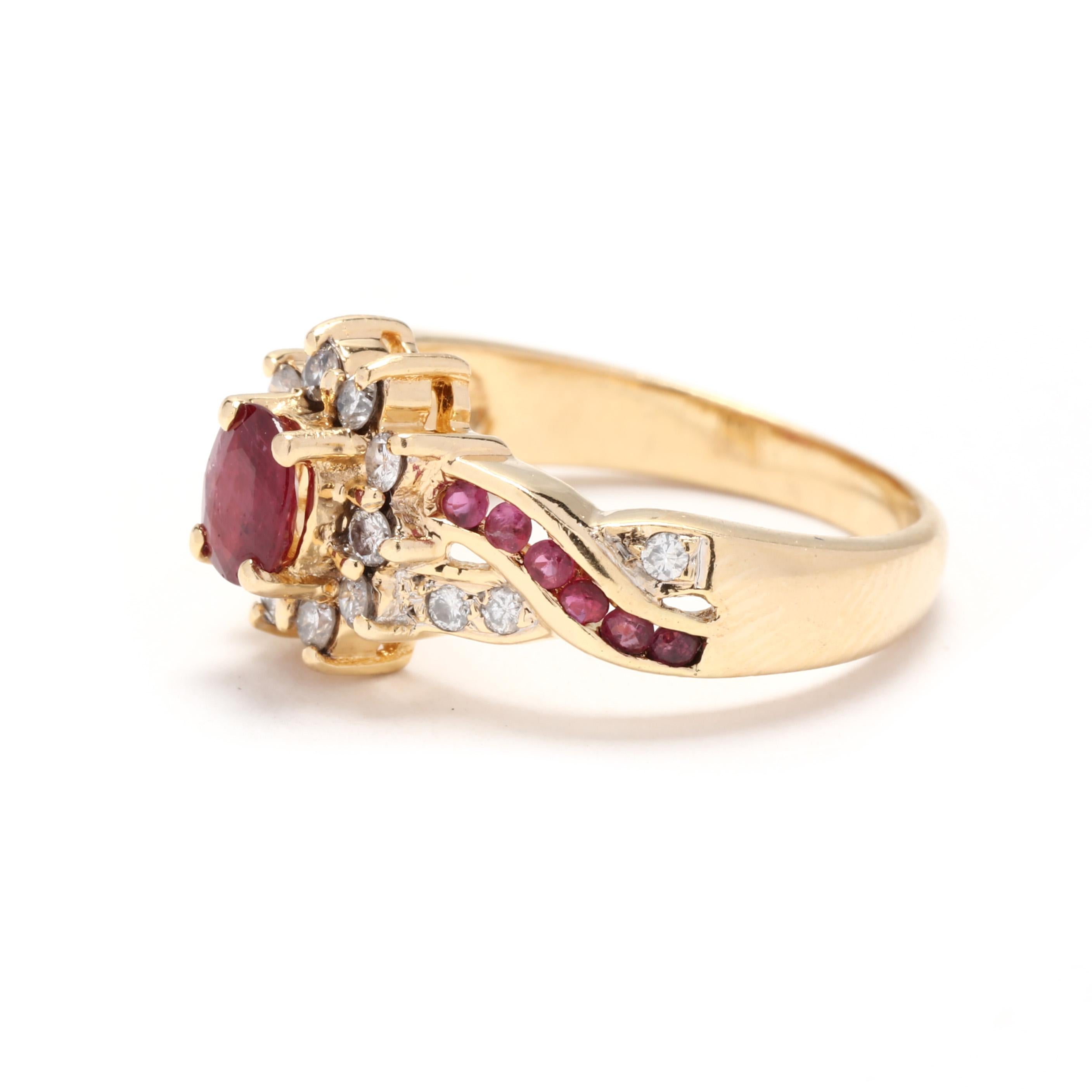 Oval Ruby Diamond Cocktail Ring, 14KT Yellow Gold, Ring In Good Condition For Sale In McLeansville, NC