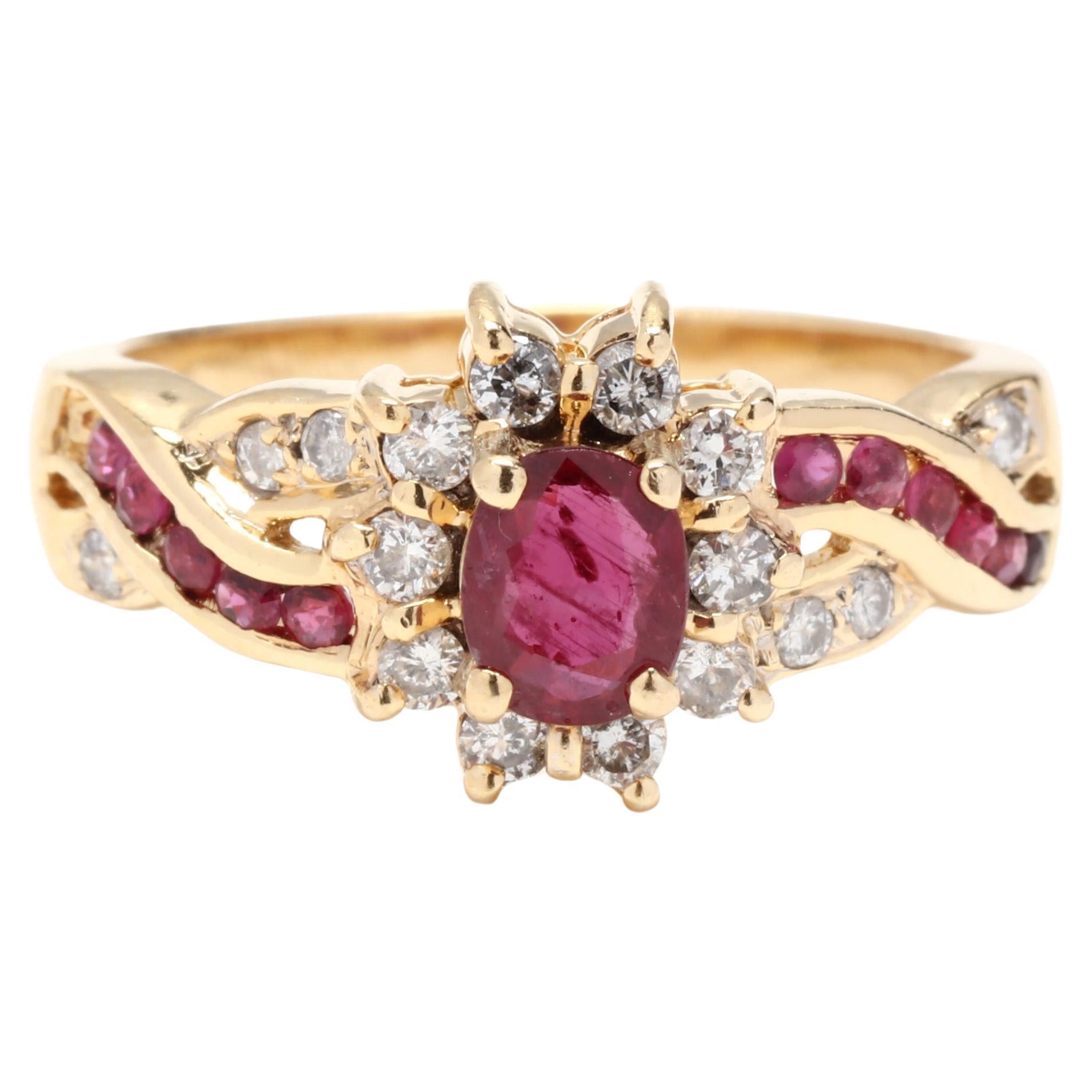 Oval Ruby Diamond Cocktail Ring, 14KT Yellow Gold, Ring For Sale