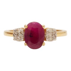 Bague ovale en or massif 14K avec rubis et diamant (certifié)