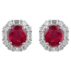 Oval Ruby Diamond Halo 14 Karat White Gold Stud Earrings Gift All Tariffs Paid