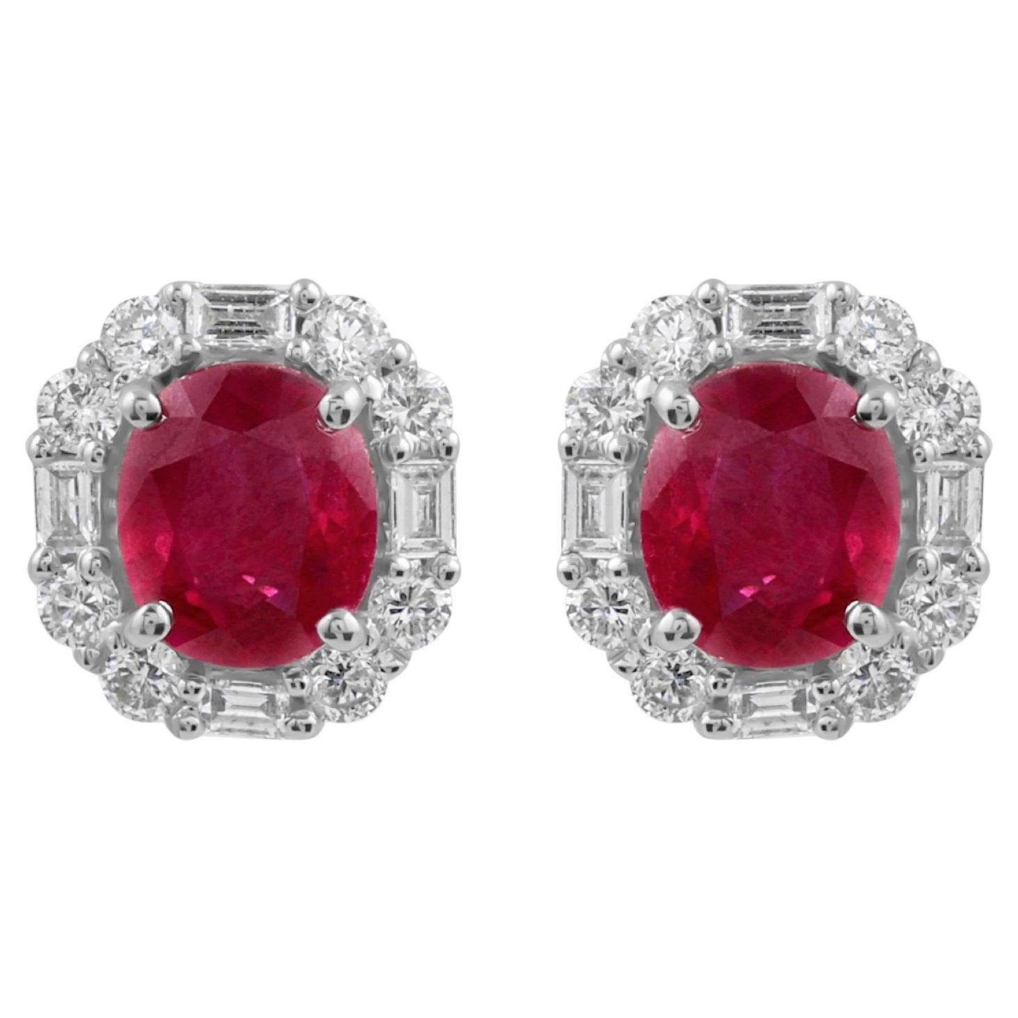 Oval Ruby Diamond Halo 18 Karat White Gold Stud Earrings Gift All Tariffs Paid