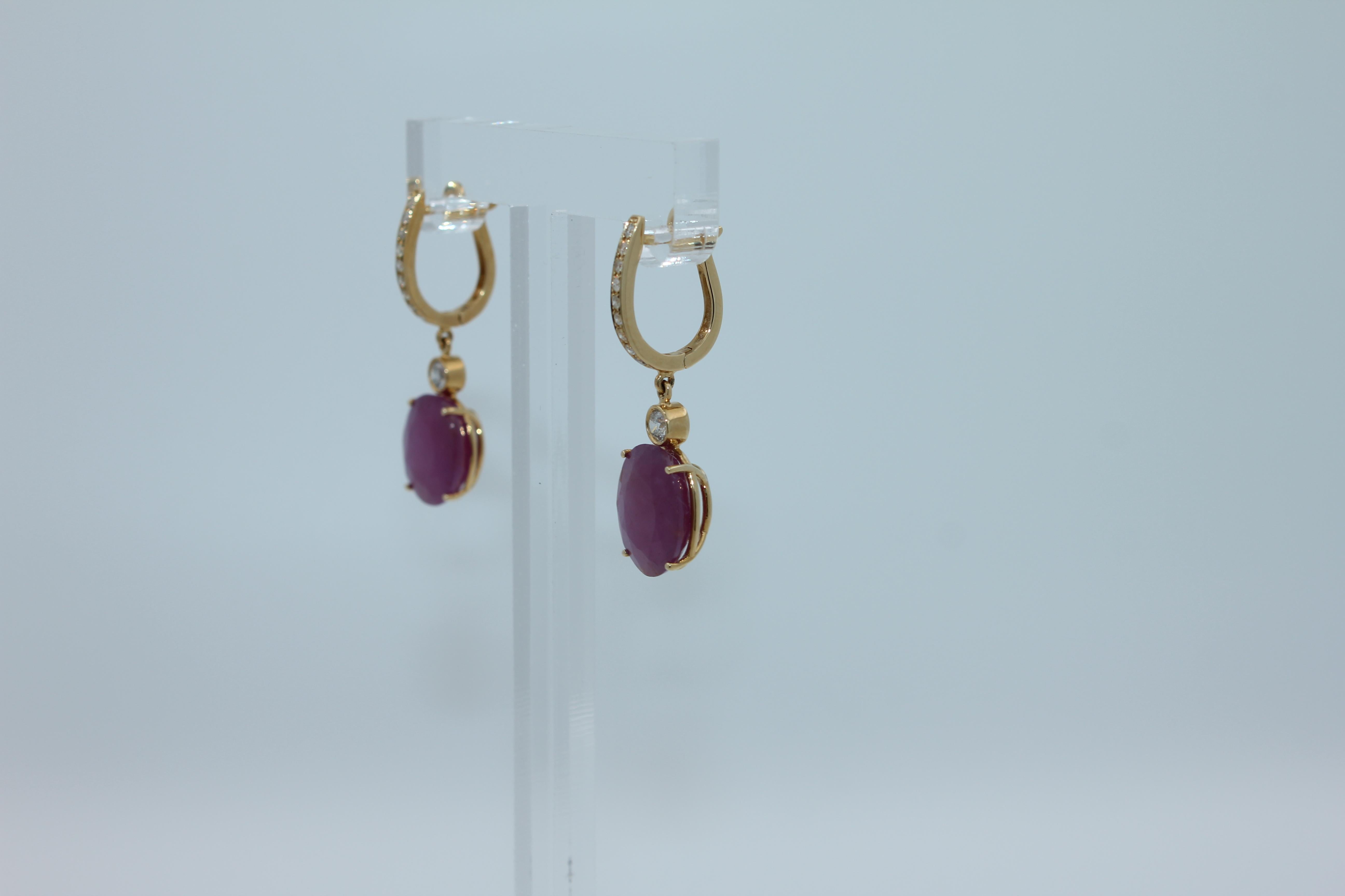 Oval Ruby Diamond Halo 18 Karat Yellow Gold Huggie Hinged Drop Bezel Earrings For Sale 6