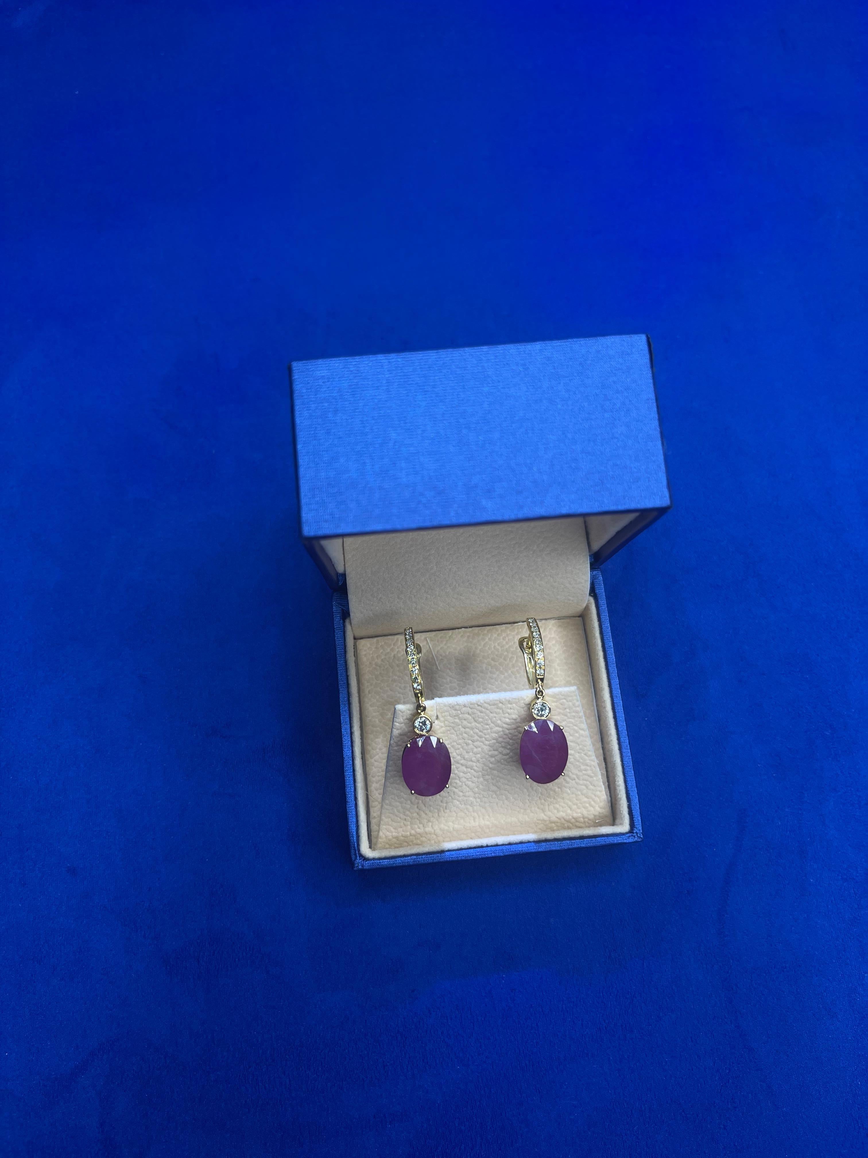 Women's or Men's Oval Ruby Diamond Halo 18 Karat Yellow Gold Huggie Hinged Drop Bezel Earrings For Sale