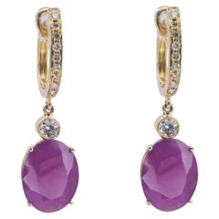 Oval Ruby Diamond Halo 18 Karat Yellow Gold Huggie Hinged Drop Bezel Earrings