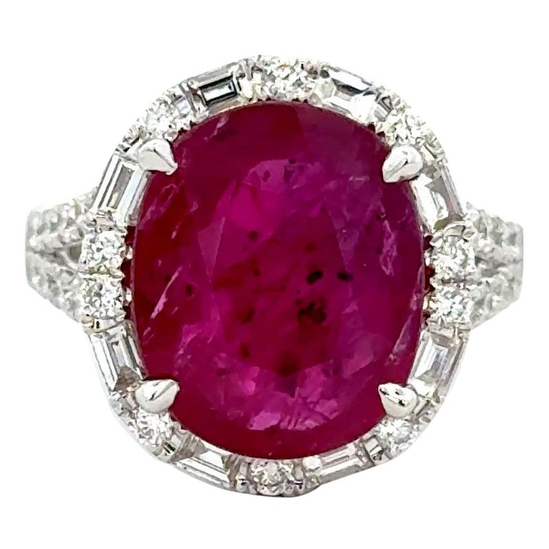 Oval Ruby Diamond Halo Cocktail Ring 8.48 CTTW 18 Karat White Gold