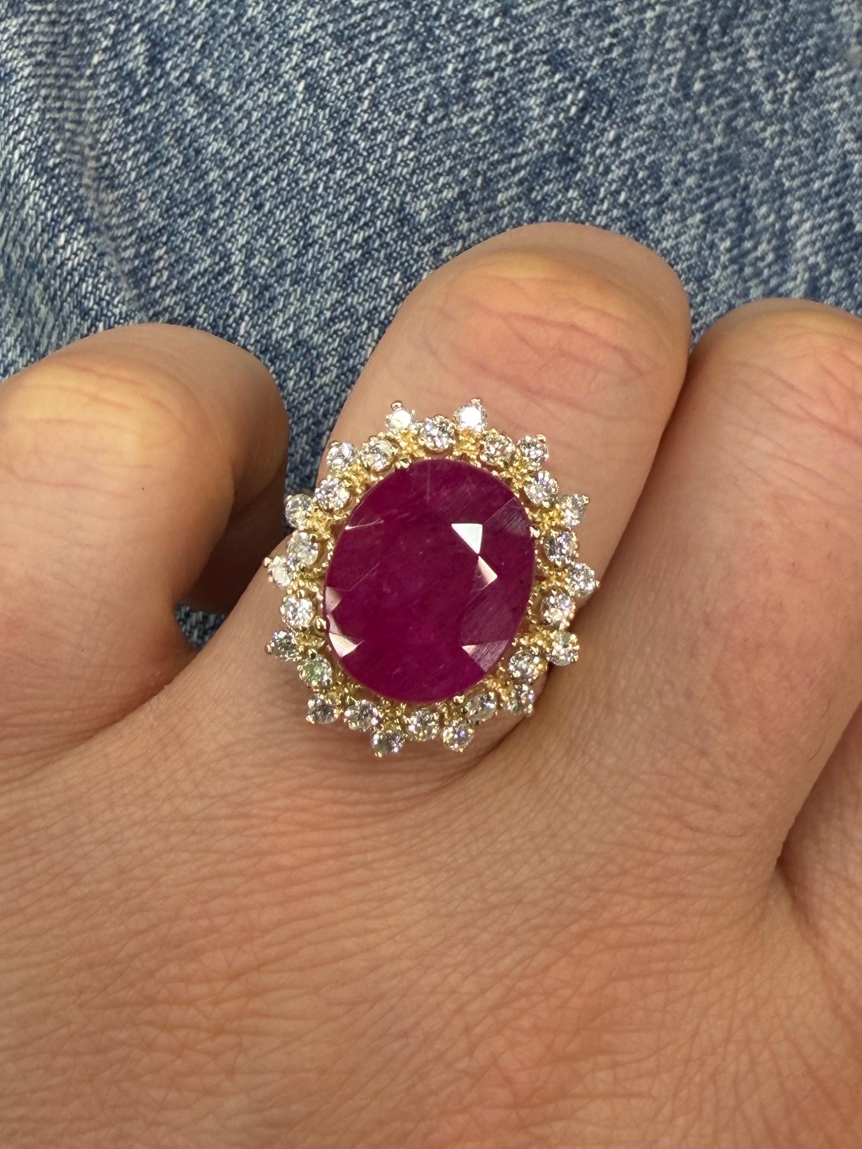 Oval Ruby Diamond Halo Statement Ring 9.85 Cttw 1… - image 3