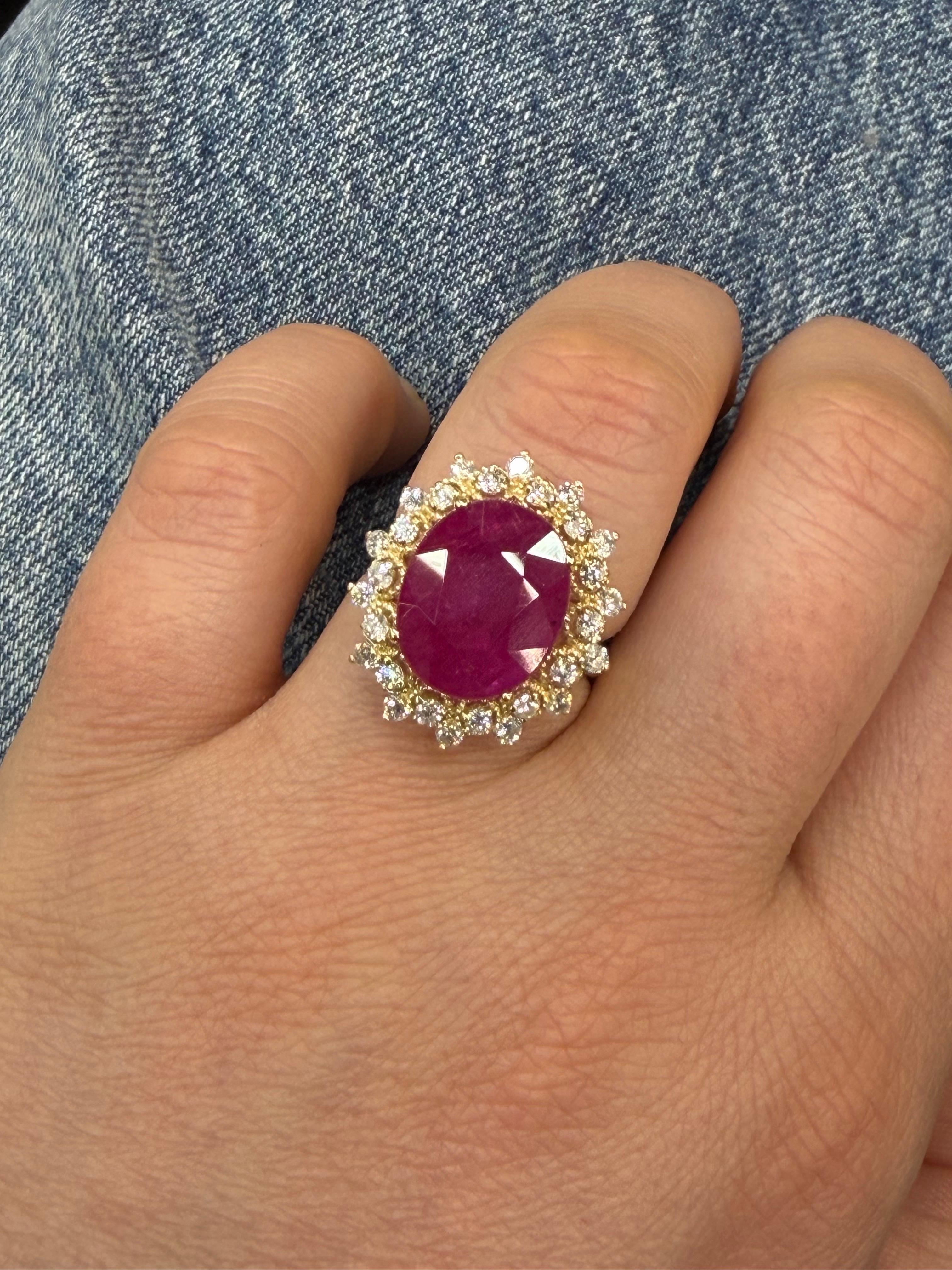 Oval Ruby Diamond Halo Statement Ring 9.85 Cttw 1… - image 6