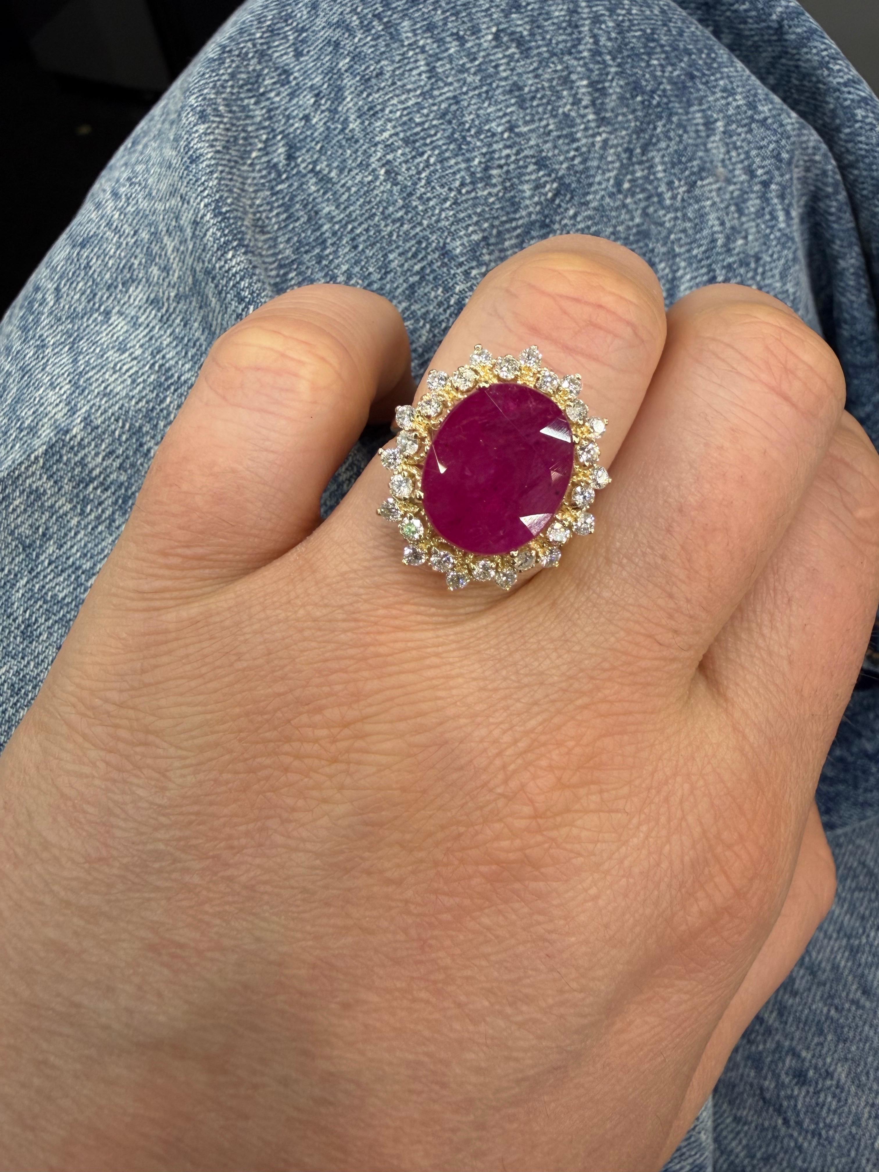 Oval Ruby Diamond Halo Statement Ring 9.85 Cttw 1… - image 7