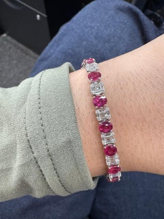 Oval Ruby Diamond Illusion Tennis Bracelet 12.65 Carats 18 Karat White Gold