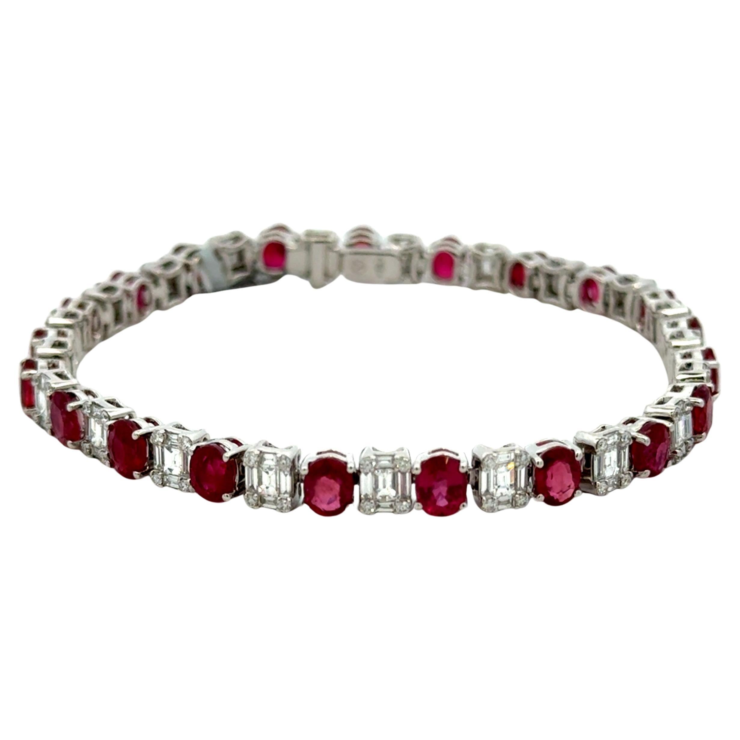 Bracelet Tennis Illusion Rubis Diamant Ovale 12.65 Carats Or Blanc 18 Karat en vente