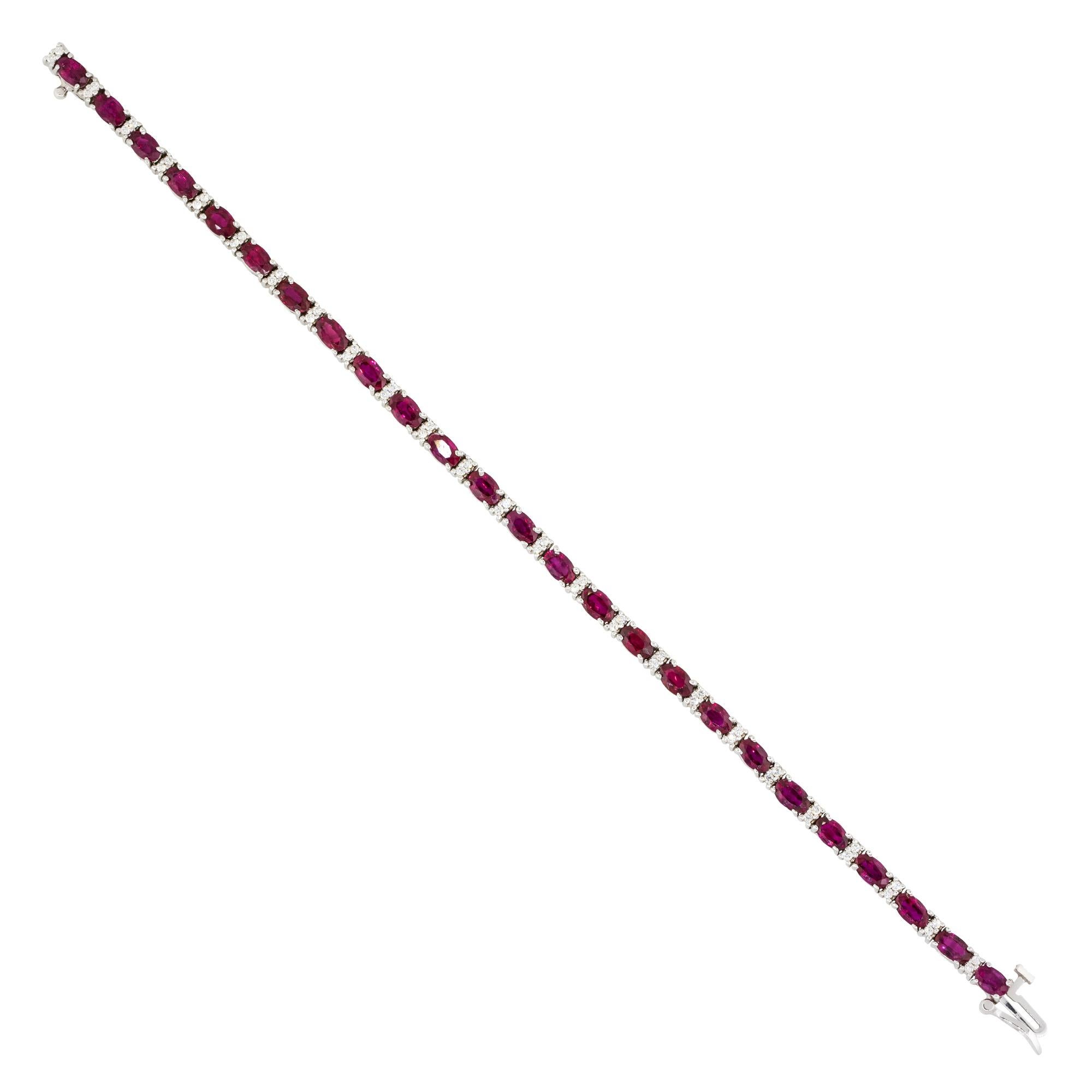Material: 18k White Gold
Diamond Details: Approx. 0.55ctw of round cut Diamonds. Diamonds are G/H in color and VS in clarity
Gemstone Details: Approx. 8.05ctw of oval cut Ruby gemstones
Clasps: Tongue in box clasp with safety latch
Total Weight: 15g