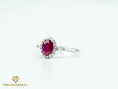 IGI Certified 1ct Oval Red Ruby & Diamond Halo Engagement Ring – 18K White Gold